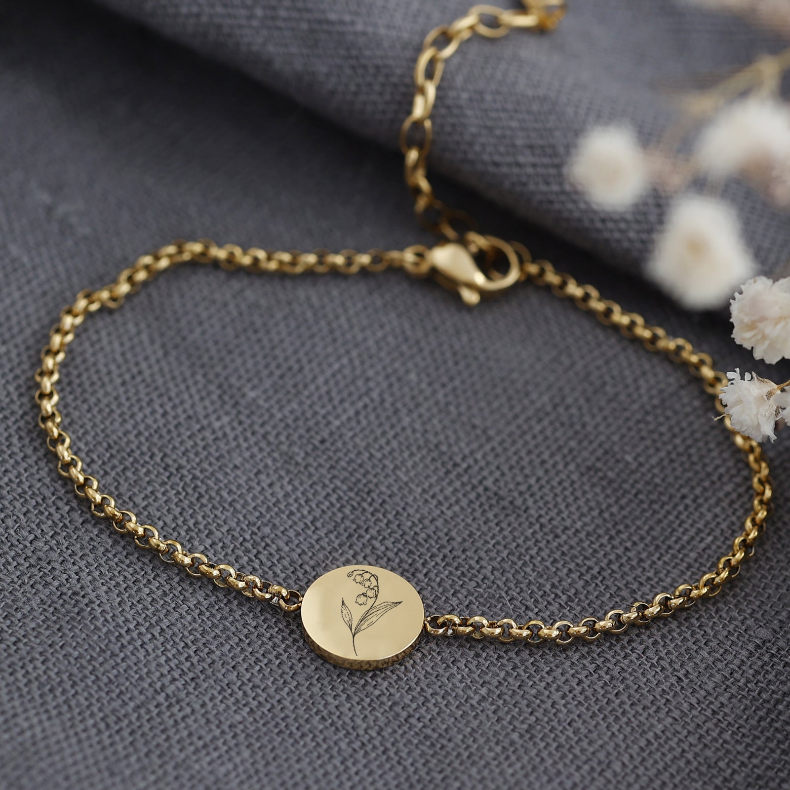 Geburtsblumen Armband mit rundem Plättchen