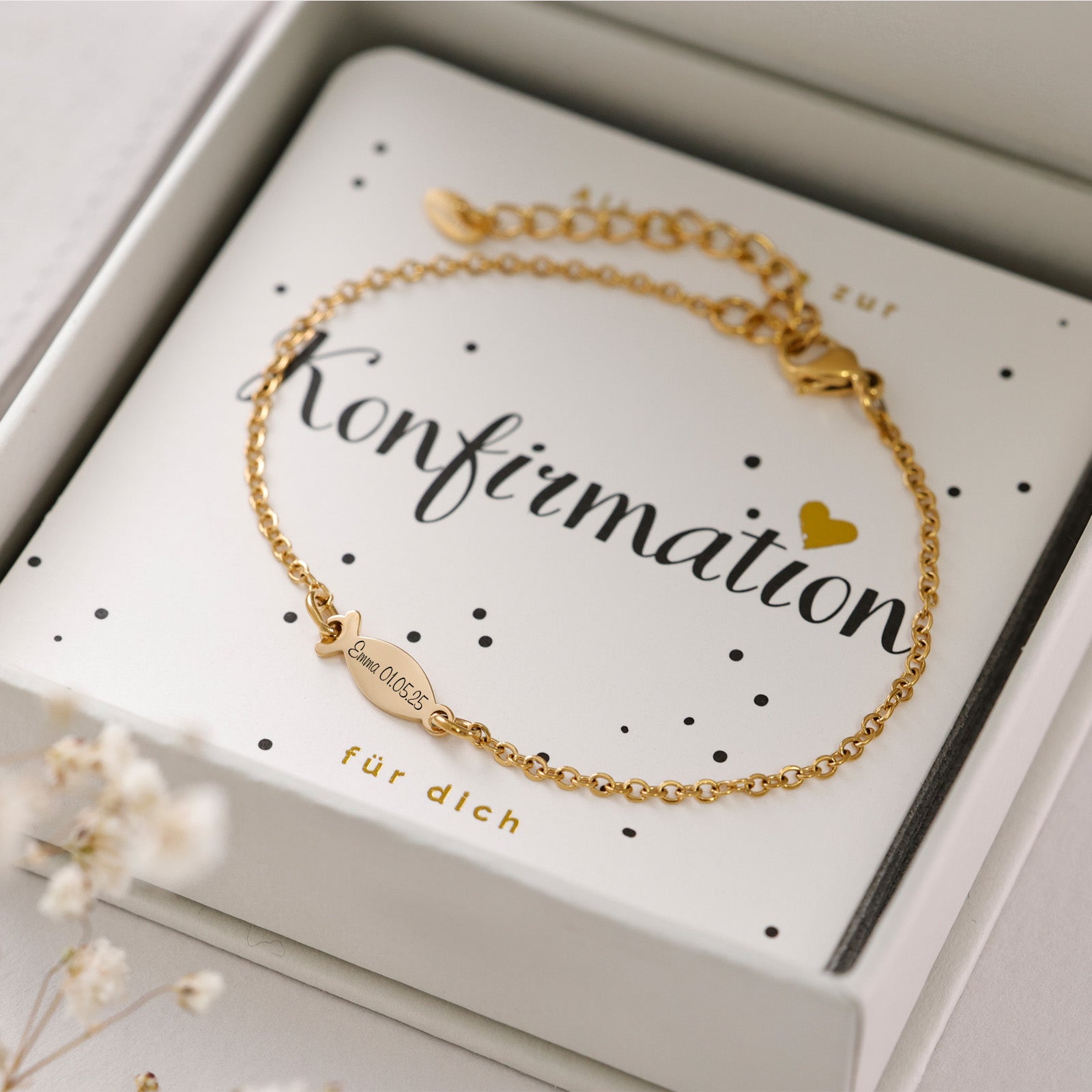 Ichthus Armkette mit Gravur - Geschenk zur Konfirmation mit Karte