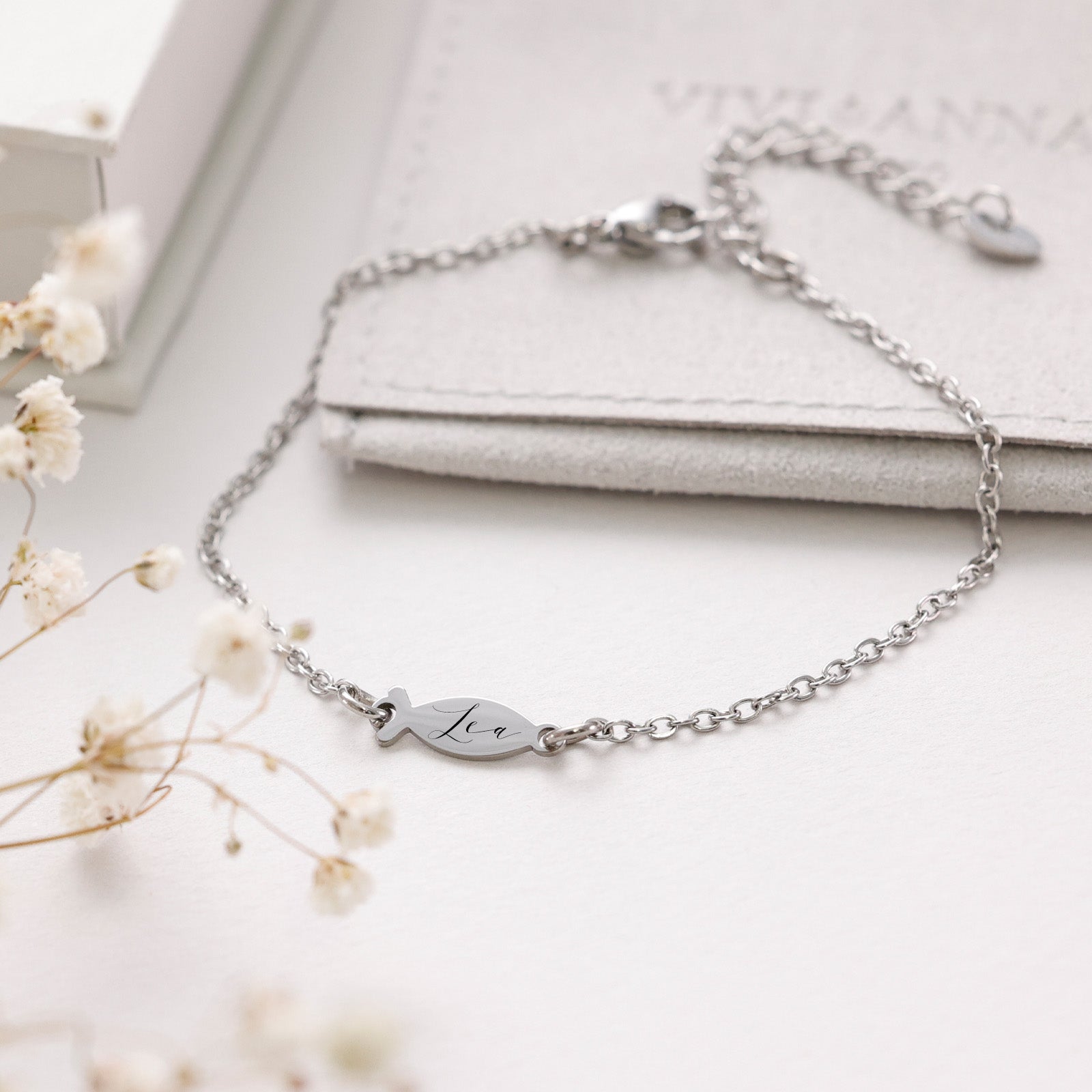 Ichthus-Armband mit Gravur - Geschenk zur Kommunion mit Karte