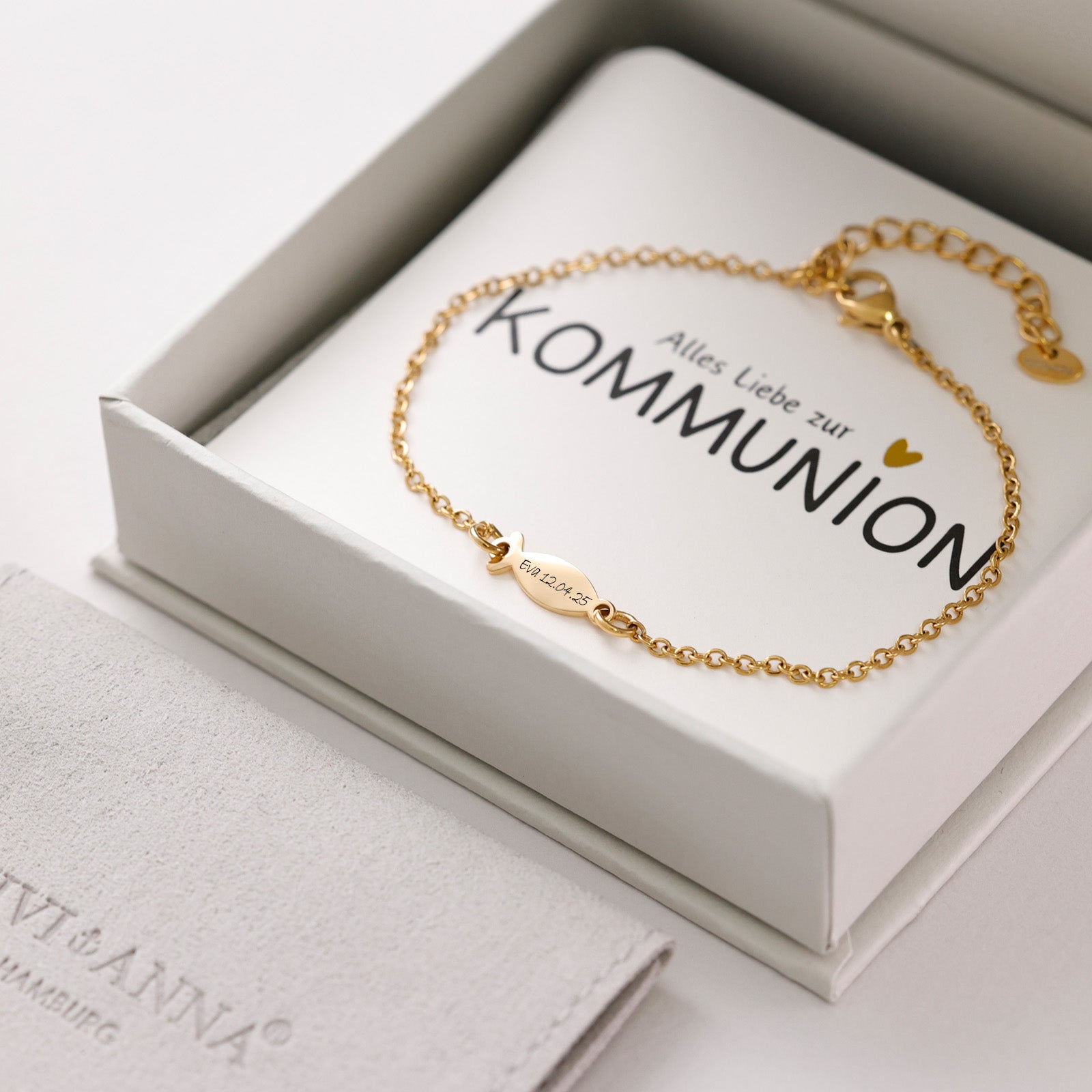 Ichthus-Armband mit Gravur - Geschenk zur Kommunion mit Karte