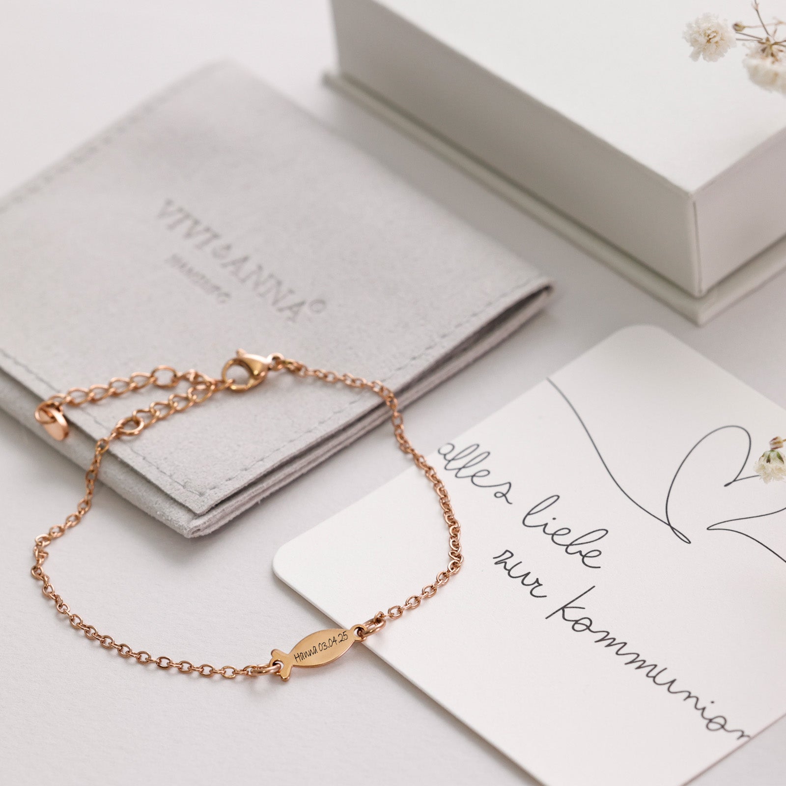 Ichthus-Armband mit Gravur - Geschenk zur Kommunion mit Karte