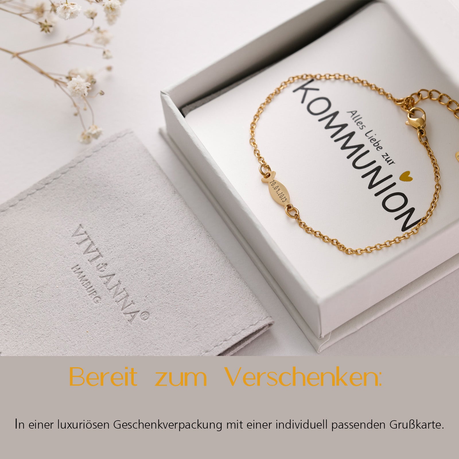 Ichthus-Armband mit Gravur - Geschenk zur Kommunion mit Karte