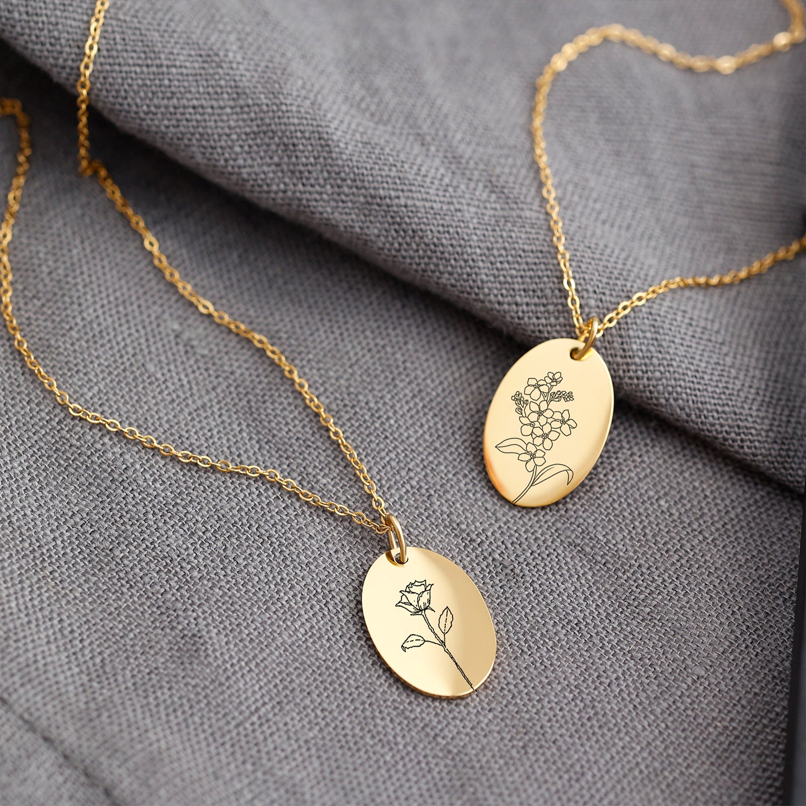 Personalized necklace with oval pendant and birth flowers