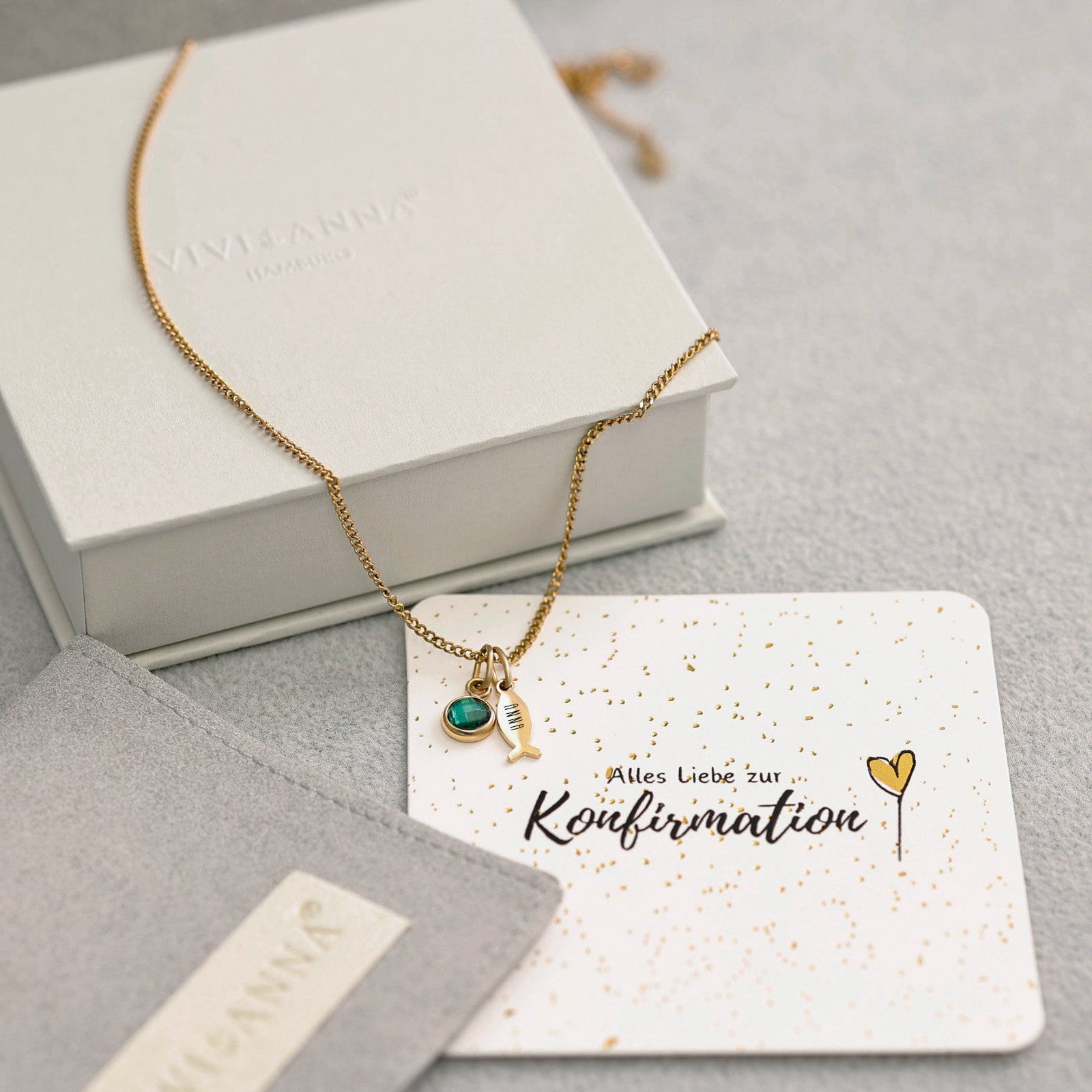 Fischkette mit Geburtsstein - ICHTHUS - Personalisierte Kette - Edelstahl - Familie Halskette - Namenskette - Konfirmation - Firmung - KE006 - VIVIANNASCHMUCK