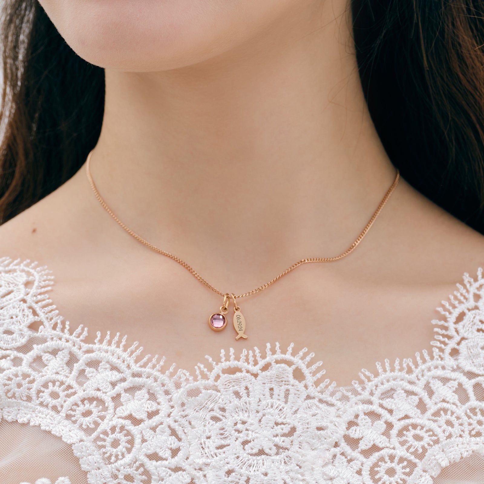 Fischkette mit Geburtsstein - ICHTHUS - Personalisierte Kette - Edelstahl - Familie Halskette - Namenskette - Konfirmation - Firmung - KE006 - VIVIANNASCHMUCK