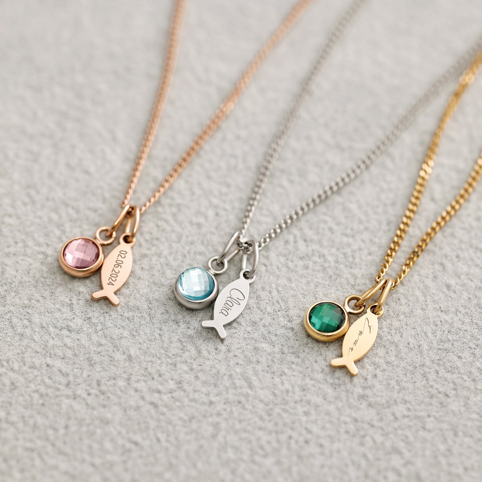 Fischkette mit Geburtsstein - ICHTHUS - Personalisierte Kette - Edelstahl - Familie Halskette - Namenskette - Konfirmation - Firmung - KE006 - VIVIANNASCHMUCK