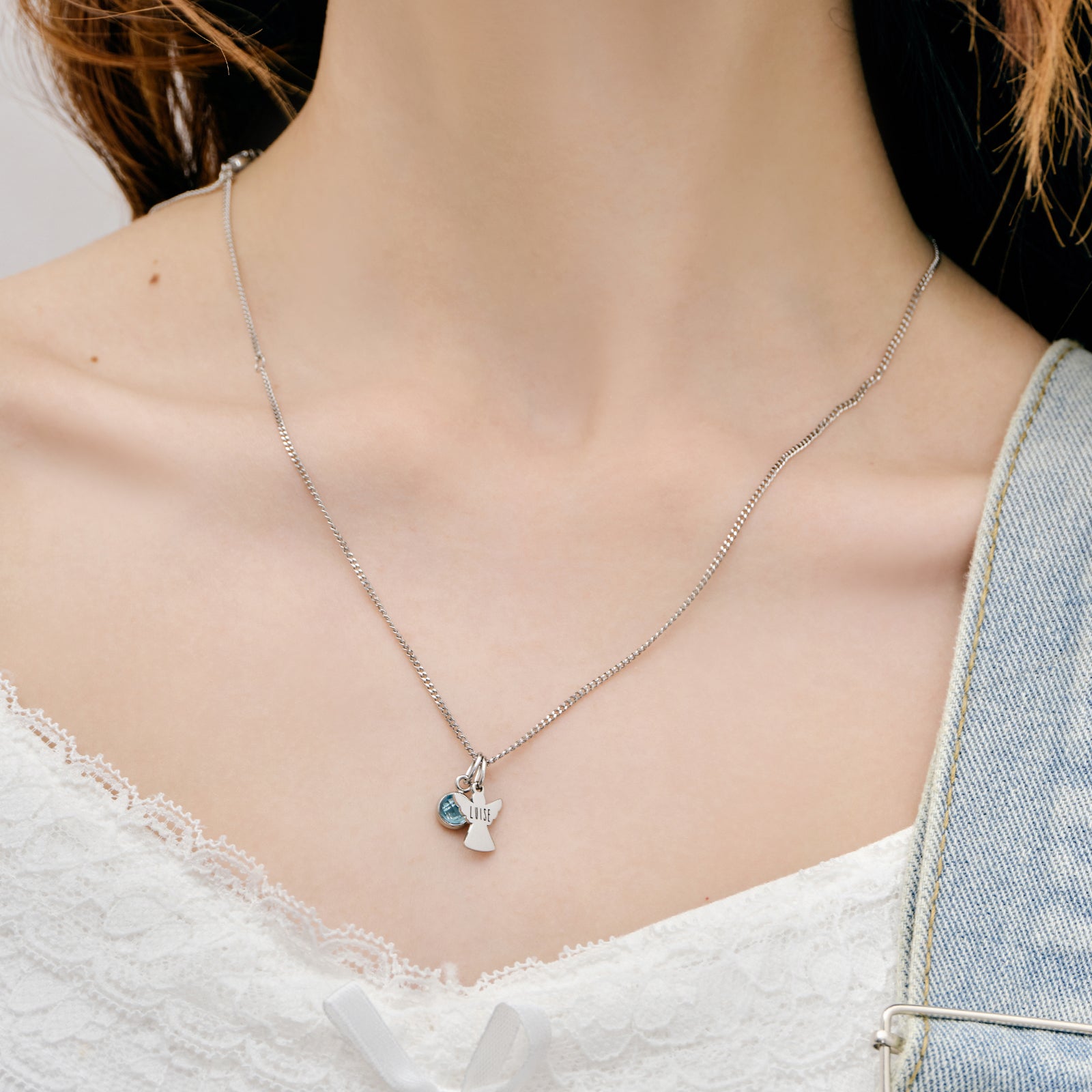 Schutzengel kette mit Geburtsstein - Personalisierte Kette - Familie Halskette - Edelstahl - Namenskette - Konfirmation - Kommunion - KE007 - VIVIANNASCHMUCK