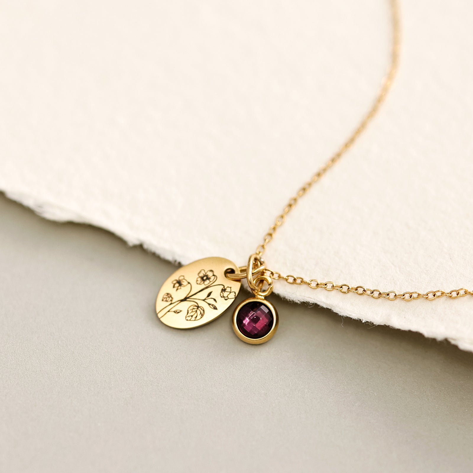 Geburtsblumen mit Geburtsstein - Ovales Plättchen mit Gravur - Edelstahl - Florale Halskette - Geschenk für sie - Namenskette - KE013 - VIVIANNASCHMUCK