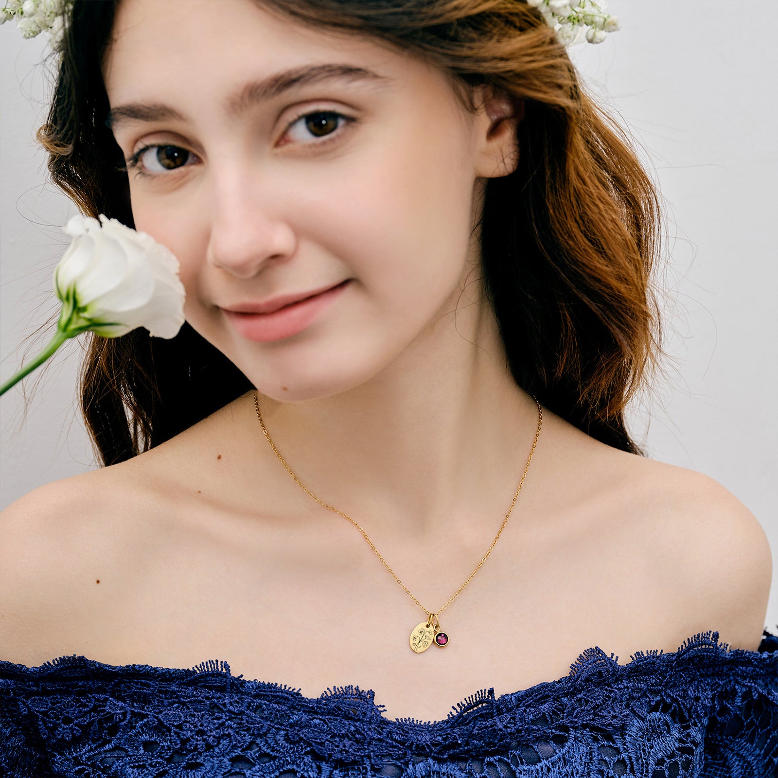 Geburtsblumen mit Geburtsstein - Ovales Plättchen mit Gravur - Edelstahl - Florale Halskette - Geschenk für sie - Namenskette - KE013 - VIVIANNASCHMUCK