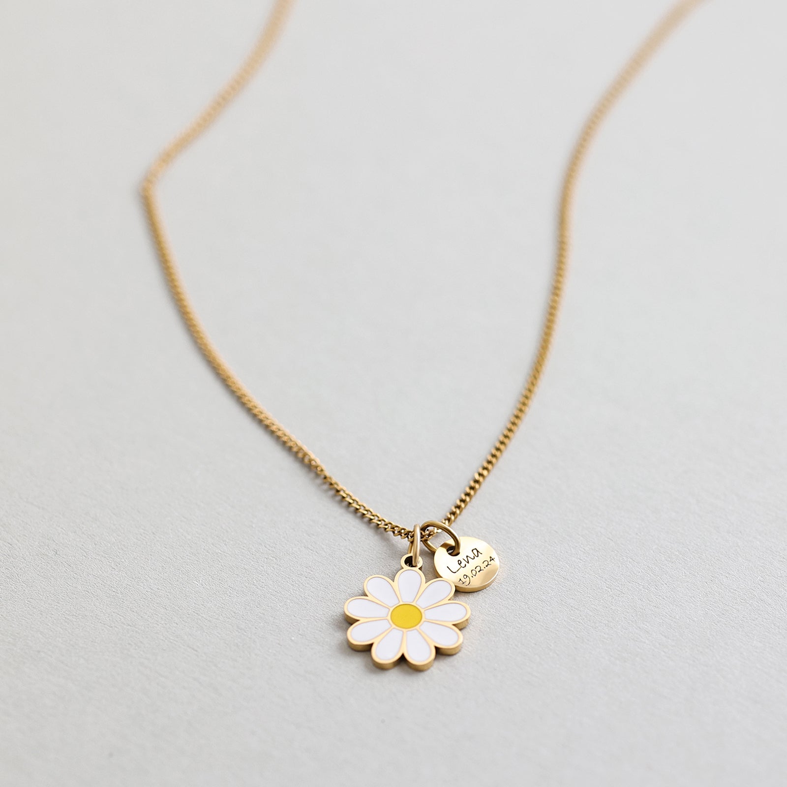 Personalisierte Gänseblümchen Anhänge Halskette - Florale mit Gravur - Panzerkette - Glück Blütenschmuck - Frühlings Geschenk - KE017 - VIVIANNASCHMUCK