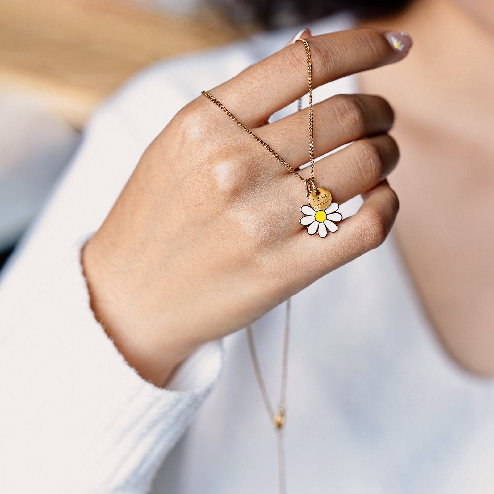 Personalisierte Gänseblümchen Anhänge Halskette - Florale mit Gravur - Panzerkette - Glück Blütenschmuck - Frühlings Geschenk - KE017 - VIVIANNASCHMUCK