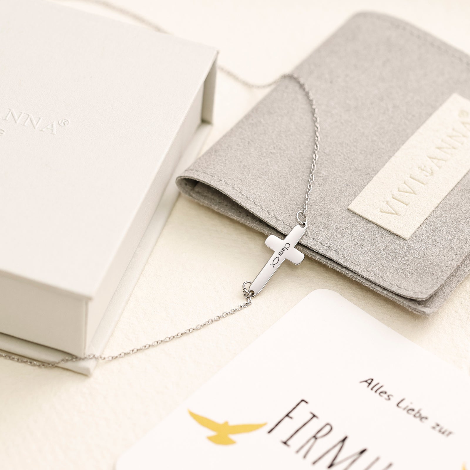 Hochwertige Personalisier Kreuz Kette - Schiebeperle Kette - Edelstahl Kette mit Wunschgravur - Kommunion - Konfirmation - Firmung - KE005 - VIVIANNASCHMUCK