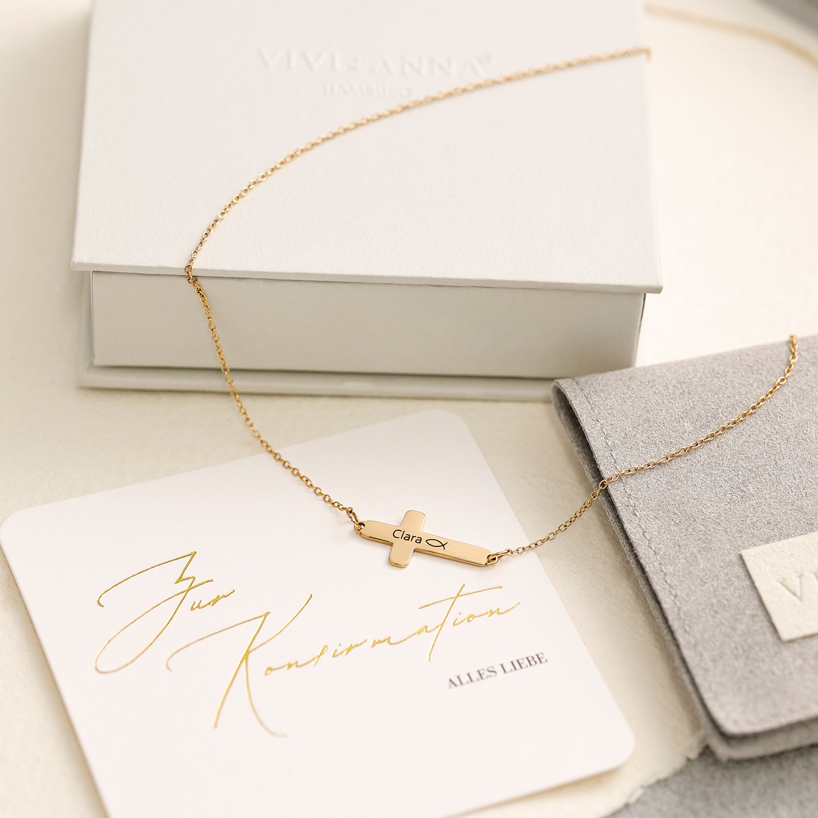 Hochwertige Personalisier Kreuz Kette - Schiebeperle Kette - Edelstahl Kette mit Wunschgravur - Kommunion - Konfirmation - Firmung - KE005 - VIVIANNASCHMUCK