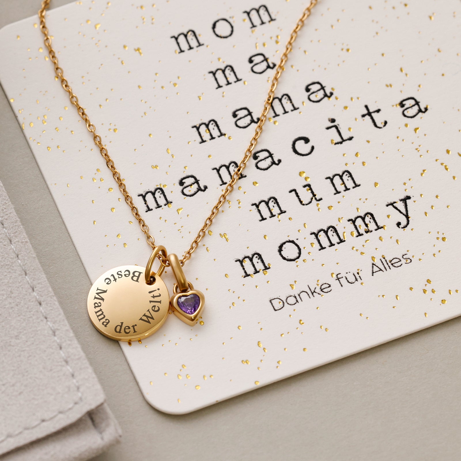 Personalisierte Kette mit Herz Geburtsstein - Geschenk für Mama mit Karte