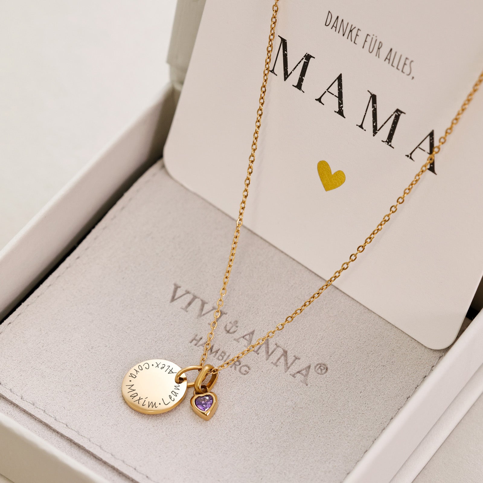 Personalisierte Kette mit Herz Geburtsstein - Geschenk für Mama mit Karte