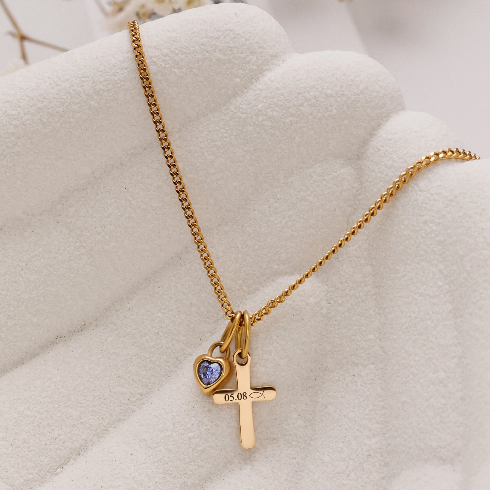 Kreuzkette mit Herz Geburtsstein mit Wunschgravur - Geschenk zur Taufe mit Karte