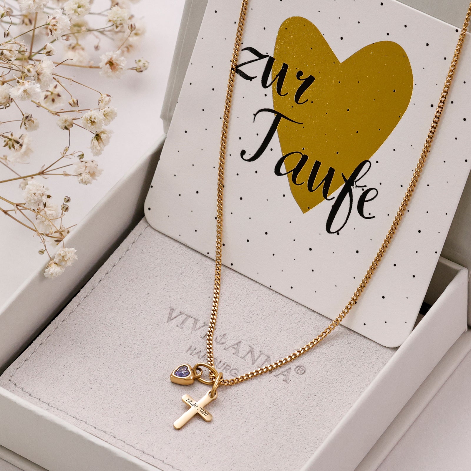 Kreuzkette mit Herz Geburtsstein mit Wunschgravur - Geschenk zur Taufe mit Karte