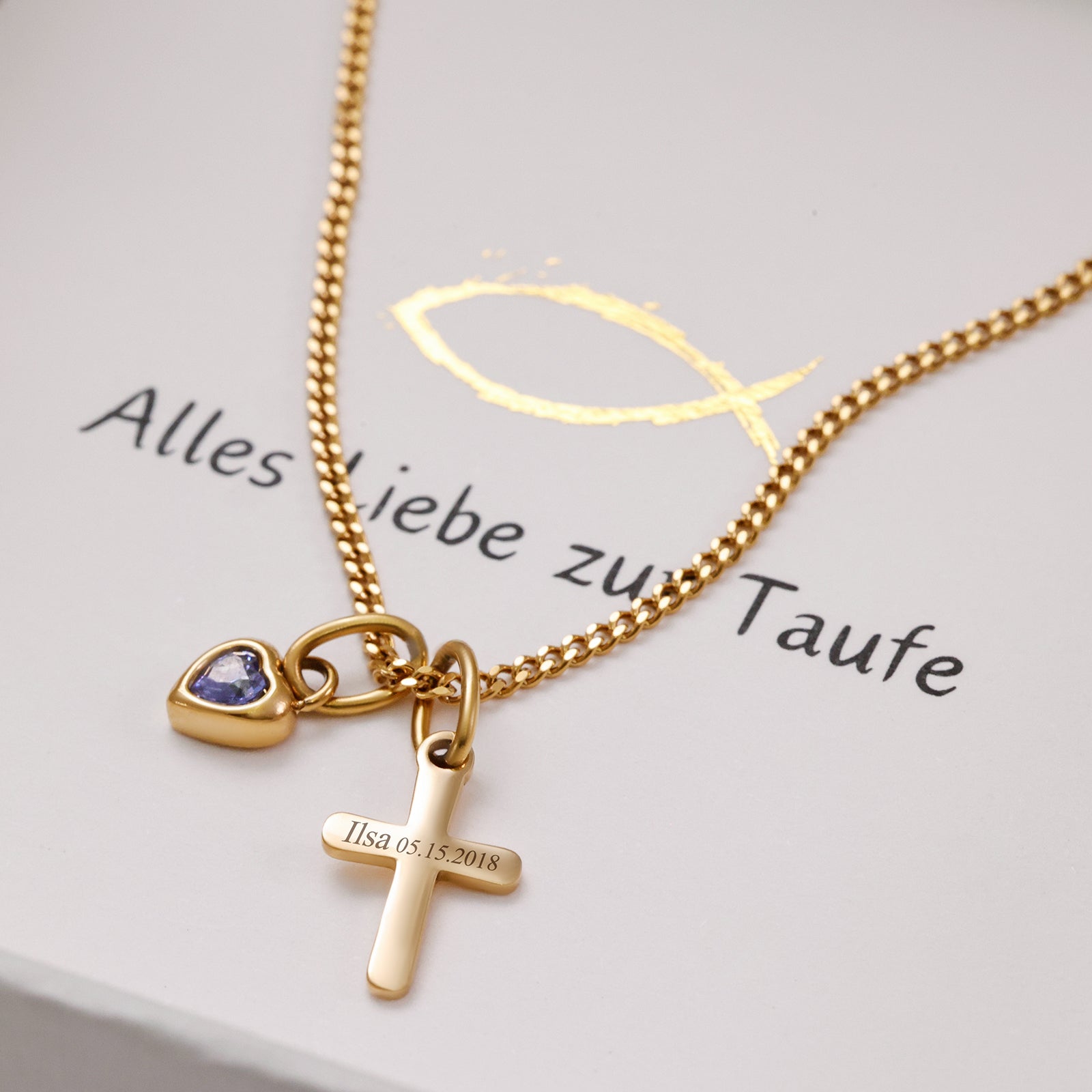 Kreuzkette mit Herz Geburtsstein mit Wunschgravur - Geschenk zur Taufe mit Karte