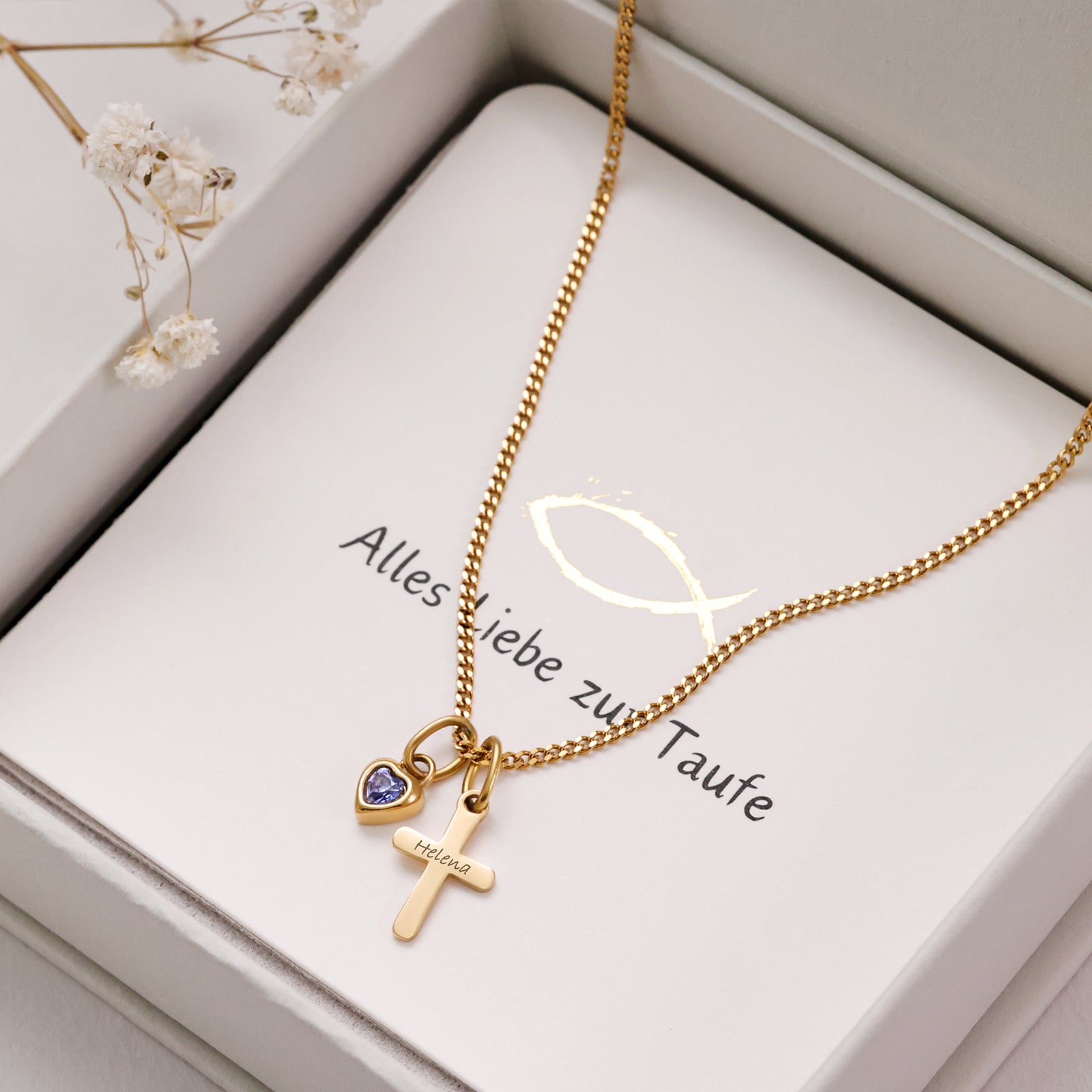 Kreuzkette mit Herz Geburtsstein mit Wunschgravur - Geschenk zur Taufe mit Karte (测试)lw042 viviannawang