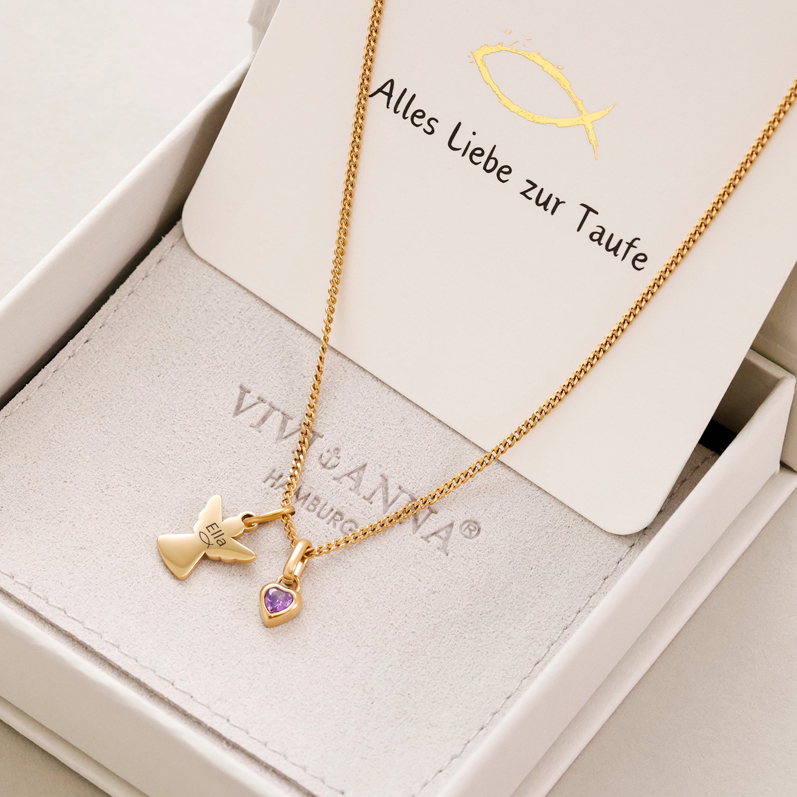 Schutzengel-Kette mit Herz Geburtsstein - Geschenk zur Taufe mit Karte