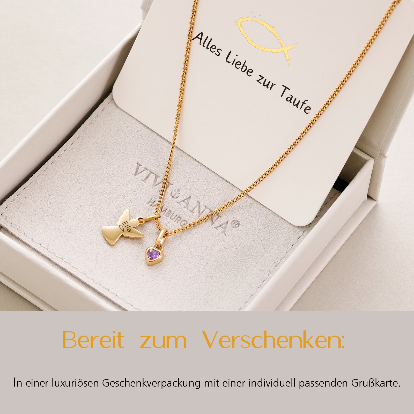 Schutzengel-Kette mit Herz Geburtsstein - Geschenk zur Taufe mit Karte