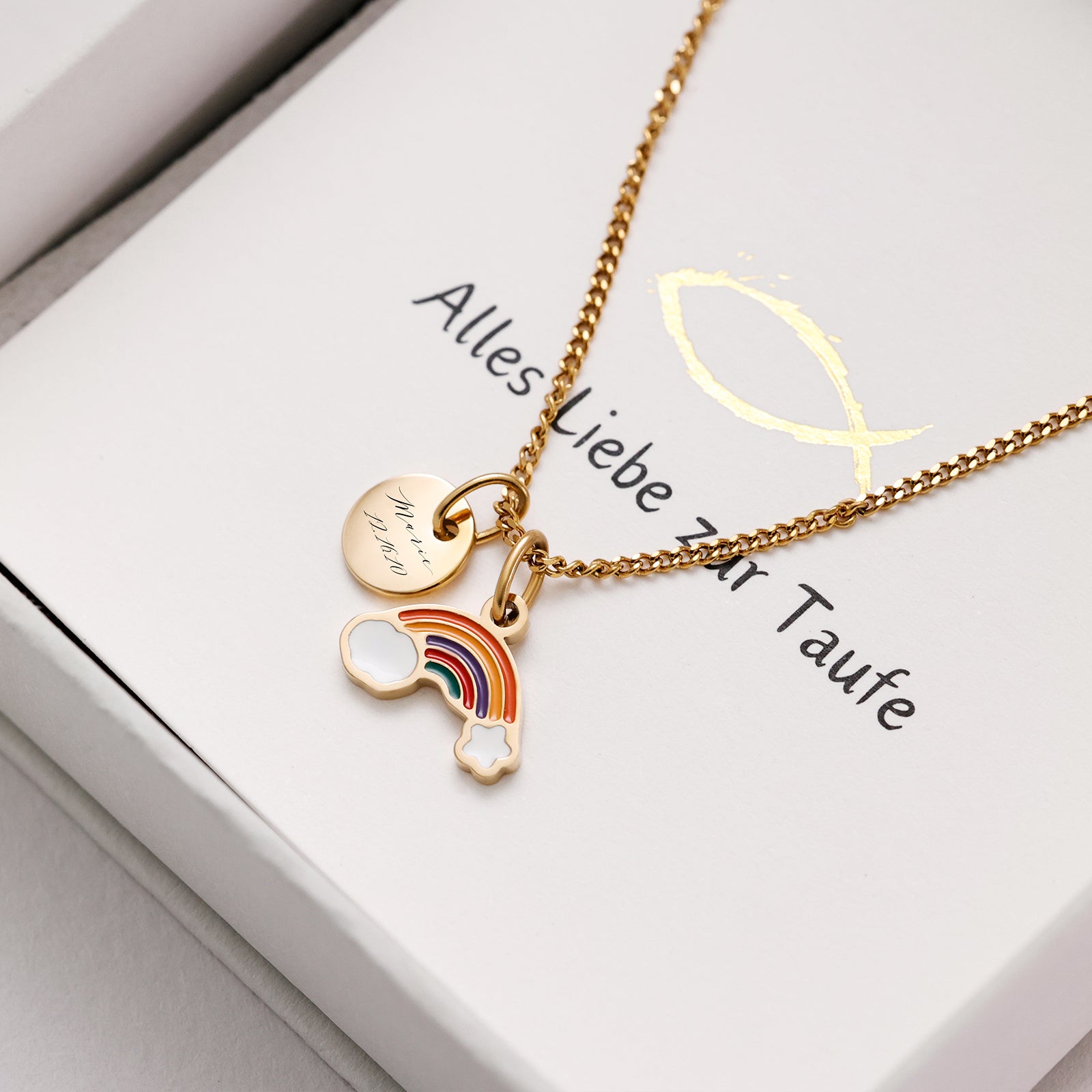 Regenbogen-Kette mit Gravurplättchen - Geschenk zur Taufe mit Karte