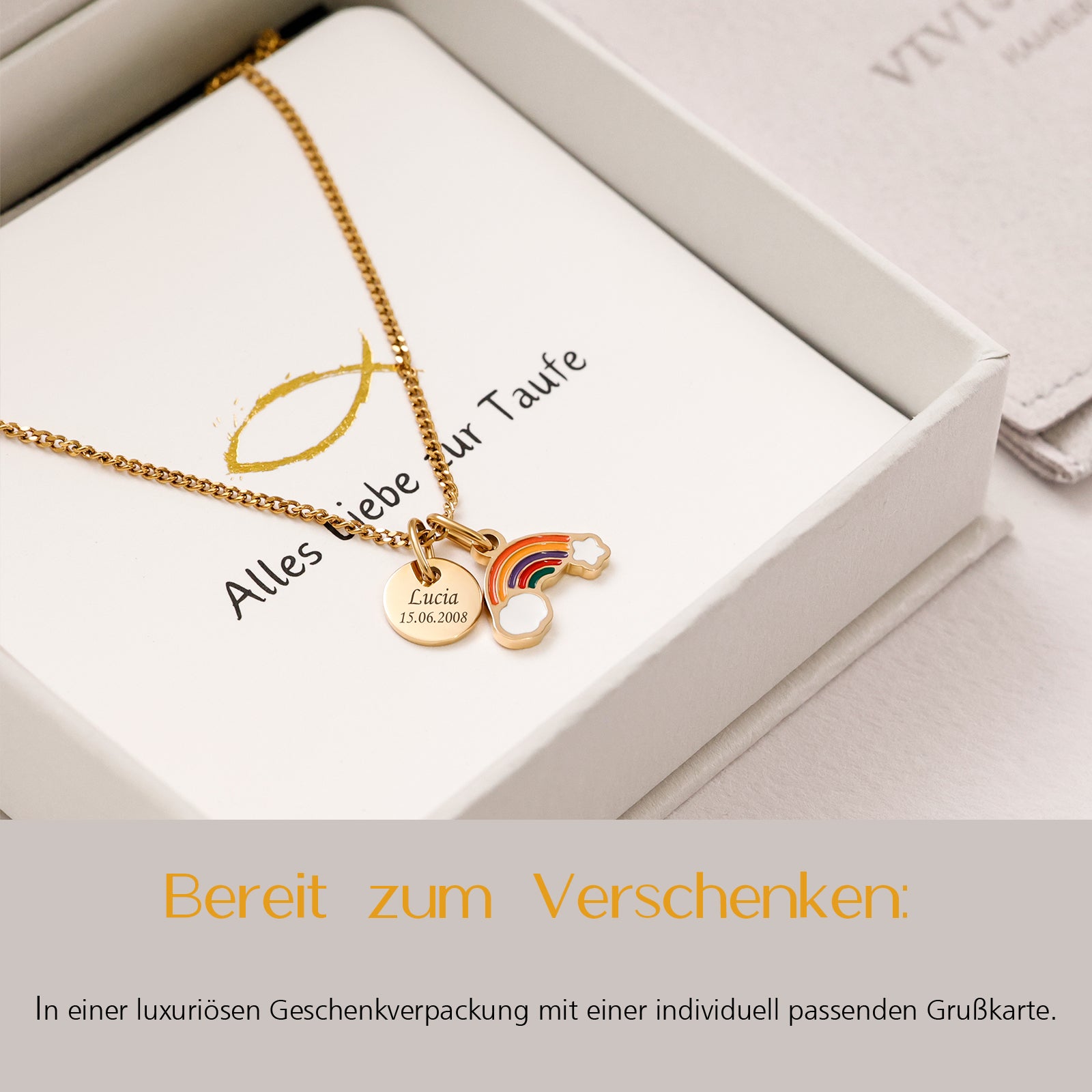 Regenbogen-Kette mit Gravurplättchen - Geschenk zur Taufe mit Karte
