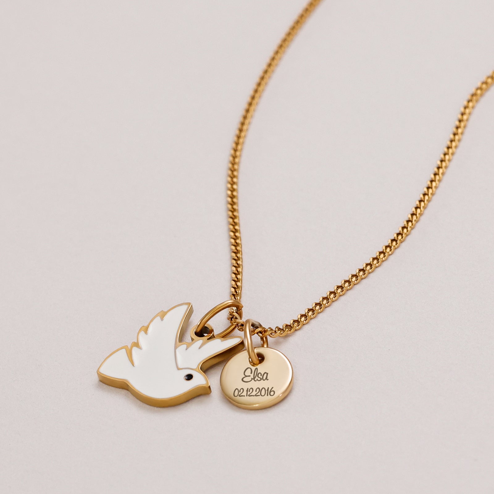 Friedens-Taube Kette mit Gravurplättchen - Geschenk zur Taufe mit Karte