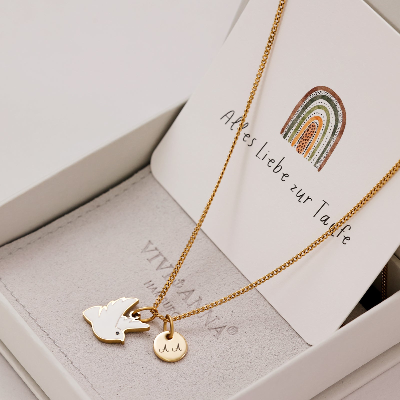 Friedens-Taube Kette mit Gravurplättchen - Geschenk zur Taufe mit Karte