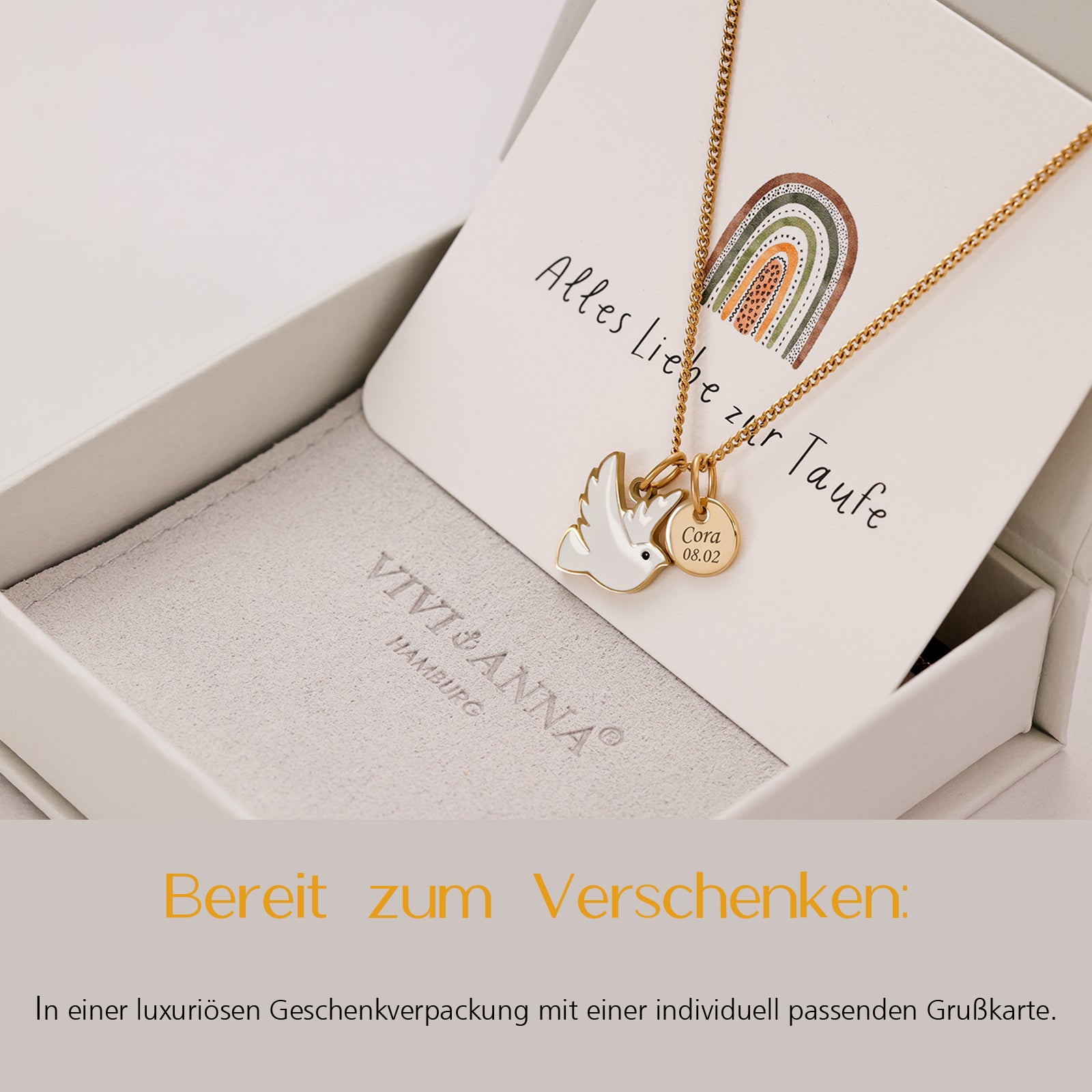 Friedens-Taube Kette mit Gravurplättchen - Geschenk zur Taufe mit Karte