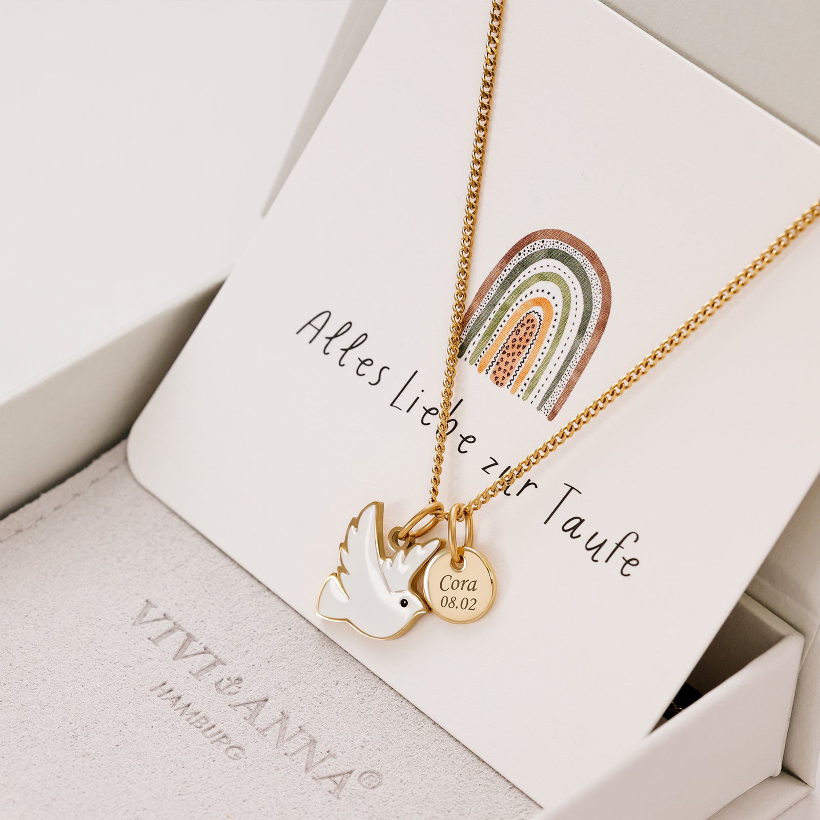 Friedens-Taube Kette mit Gravurplättchen - Geschenk zur Taufe mit Karte