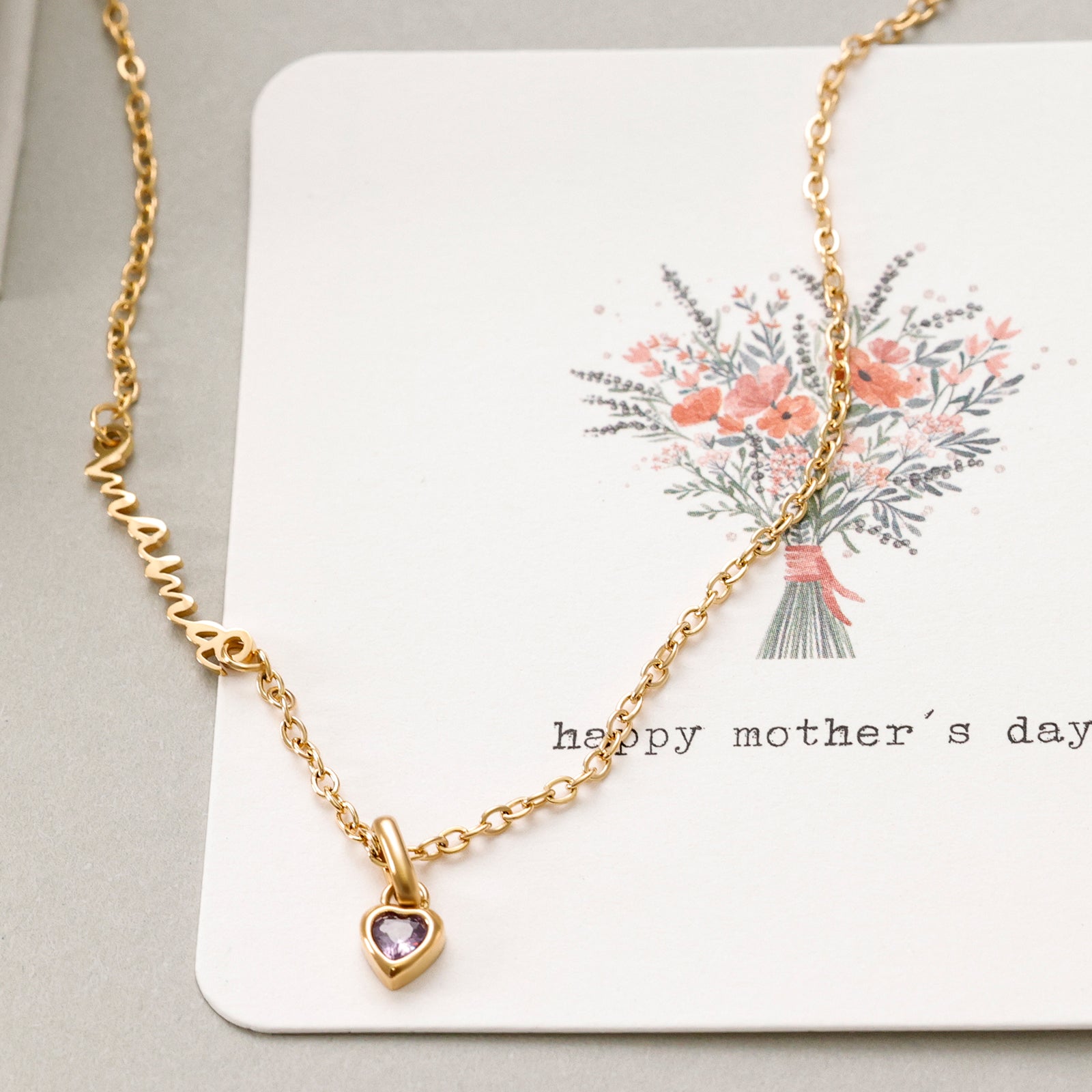 Mama Kette mit Herz Geburtsstein aus Zirkonia - Geschenk für Mama mit Karte