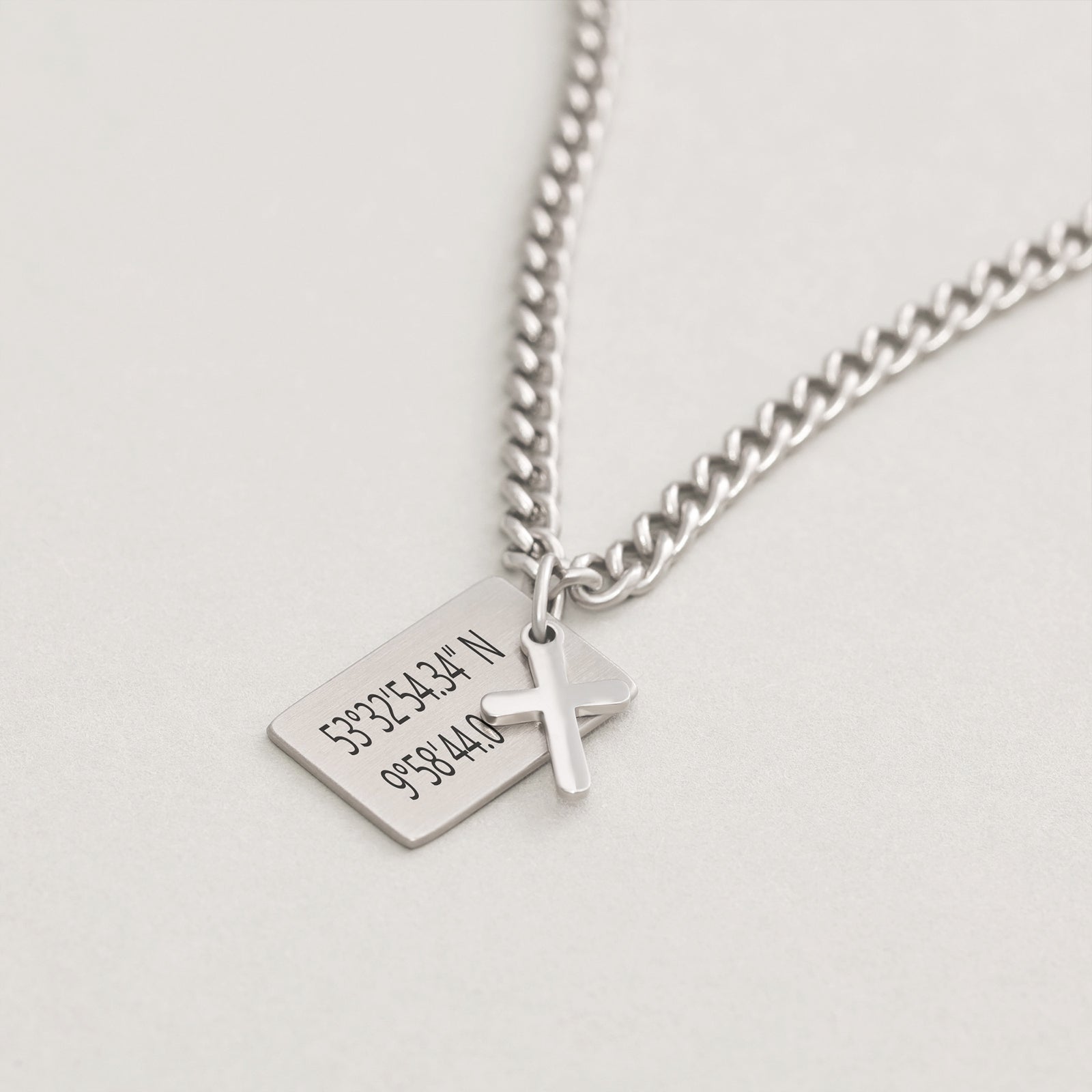 Men's Rectangular Necklace with Cross - Stainless Steel - Customizable Chain - Curb Chain with Engraving - Family Chain - Men's Jewelry -HK017