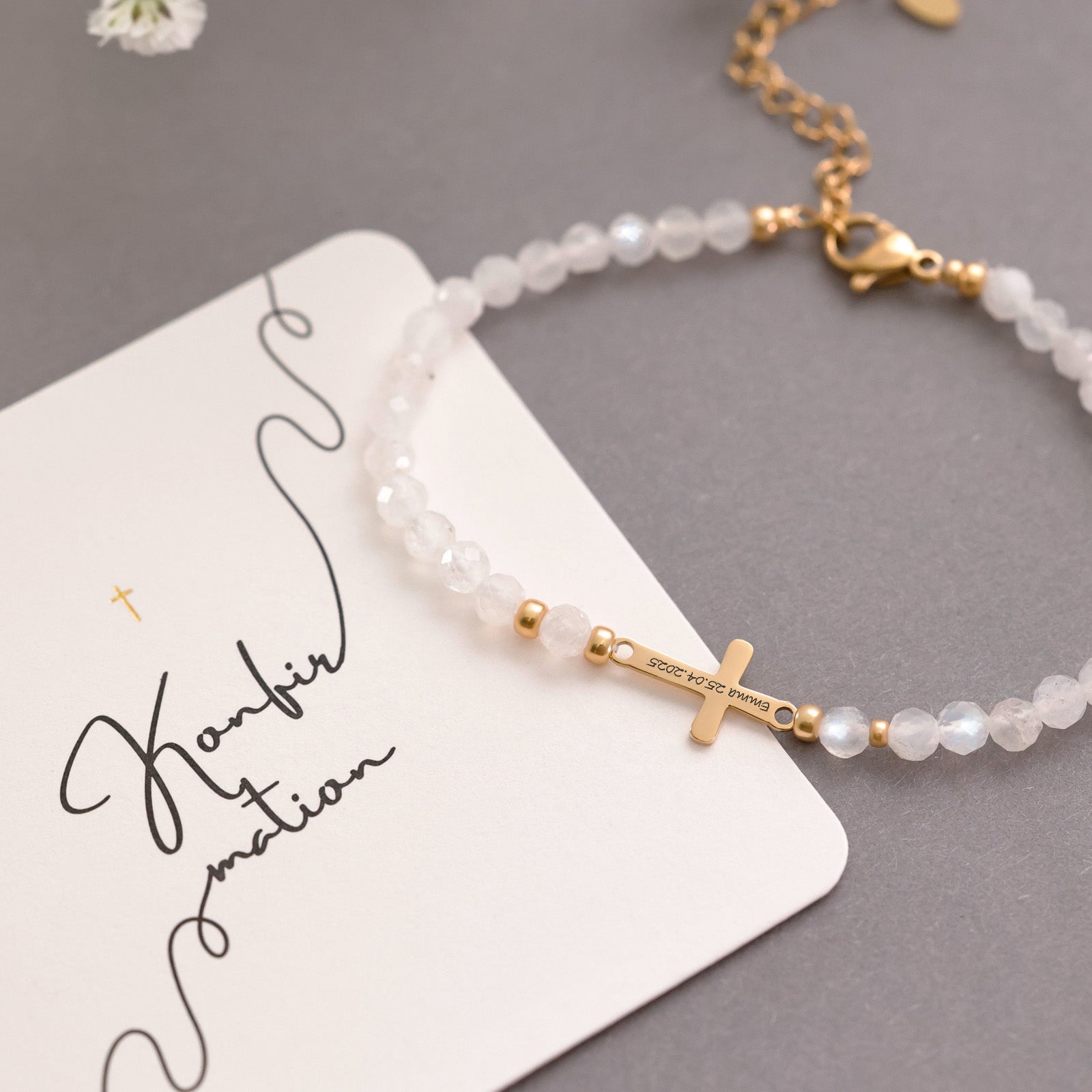 Mondstein Kreuz-Armband mit Gravur- Geschenk zur Konfirmation mit Karte