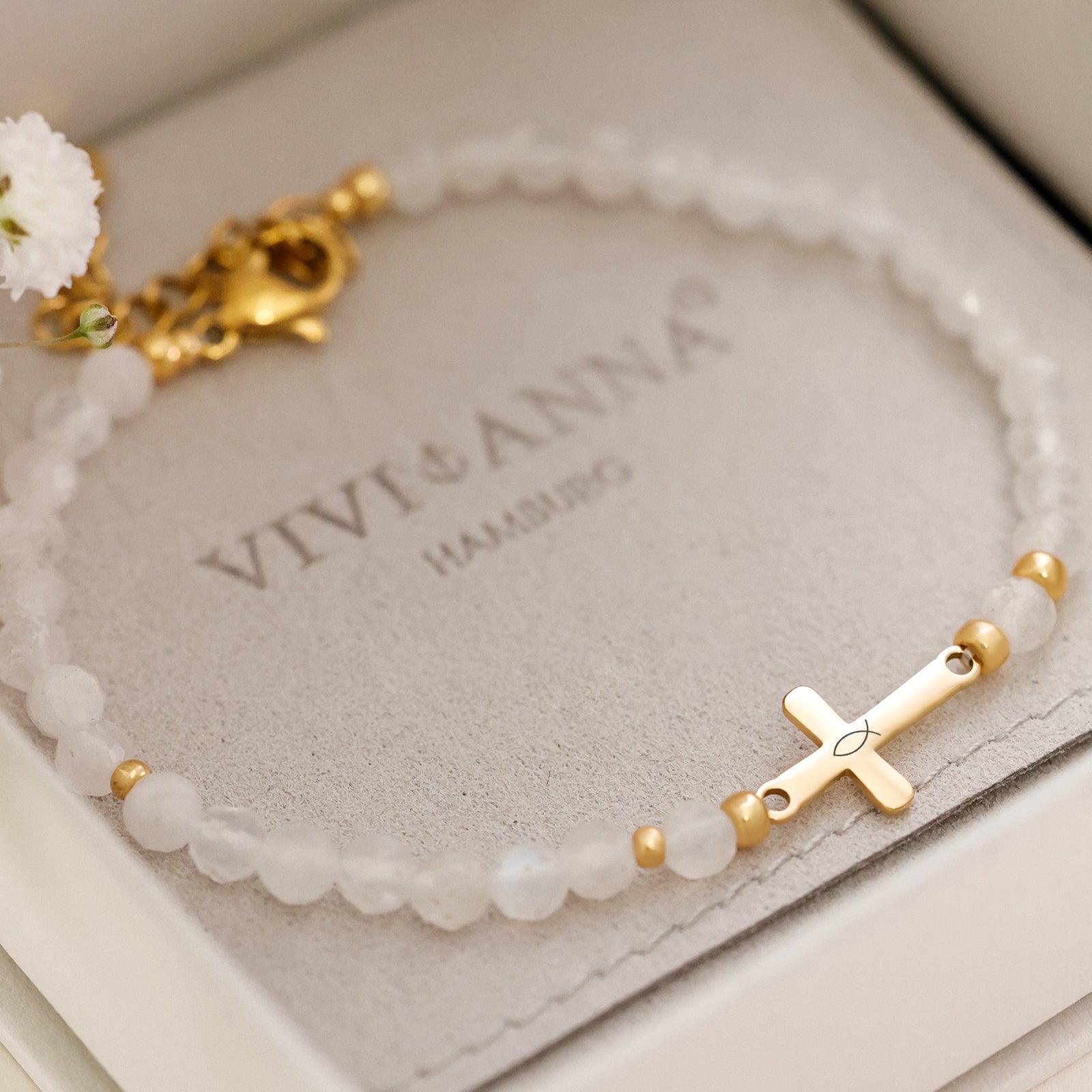 Mondstein Kreuz Armband - Geschenk zur Kommunion mit Karte