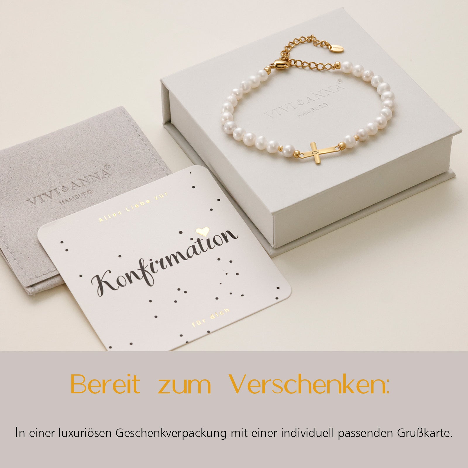 Süßwasserperlen Kreuz-Armband mit Gravur - Geschenk zur Konfirmation mit Karte