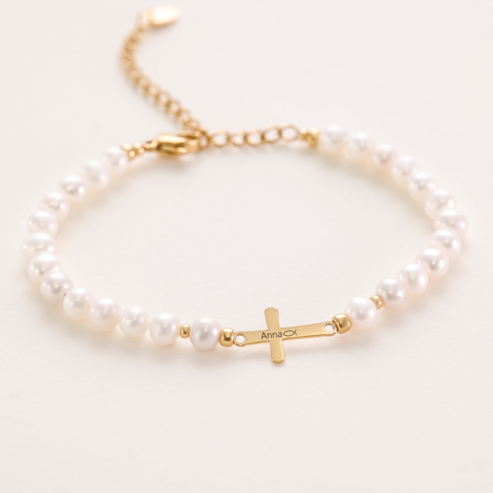 Süßwasserperlen Kreuz Armband - Geschenk zur Kommunion mit Karte