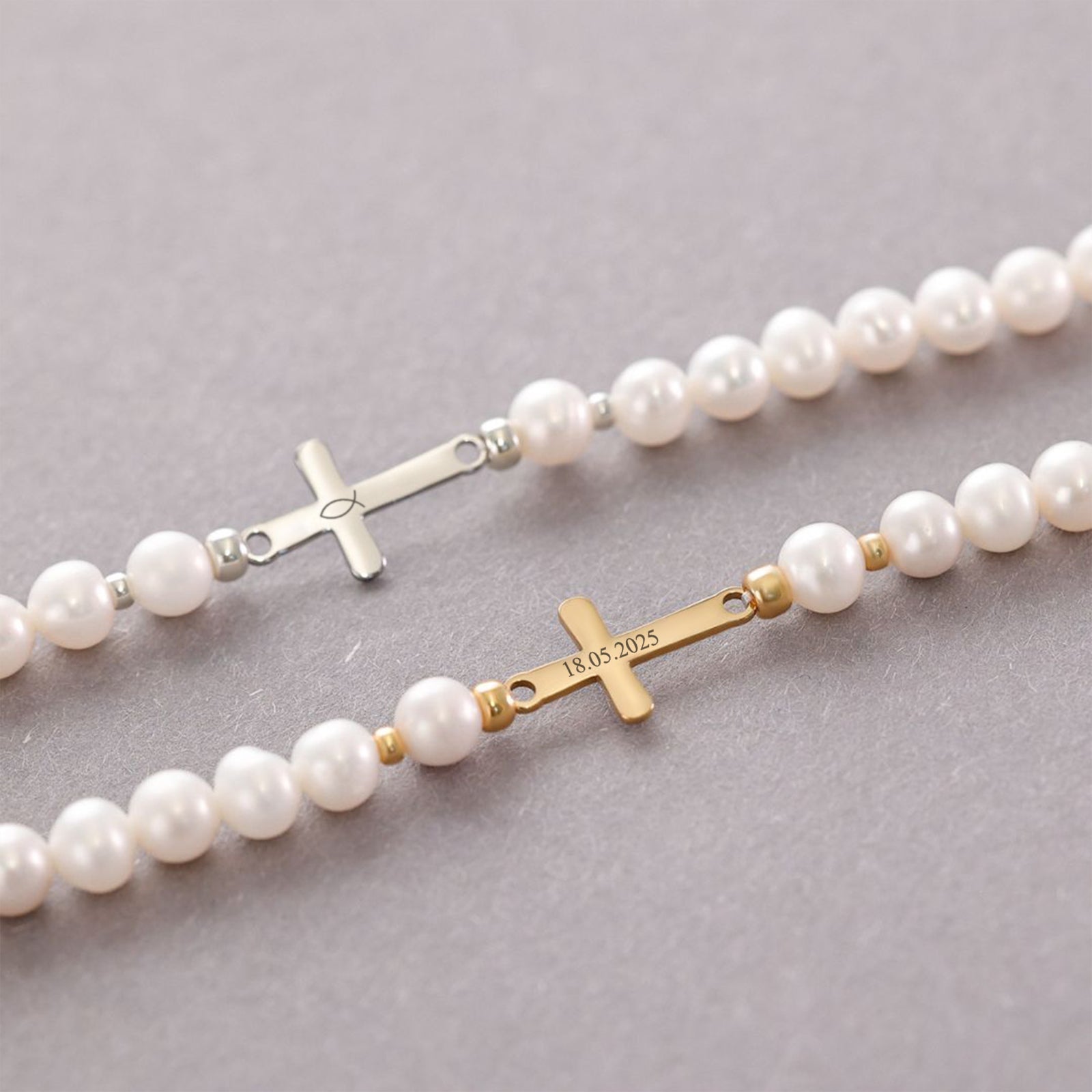 Süßwasserperlen Kreuz Armband - Geschenk zur Kommunion mit Karte