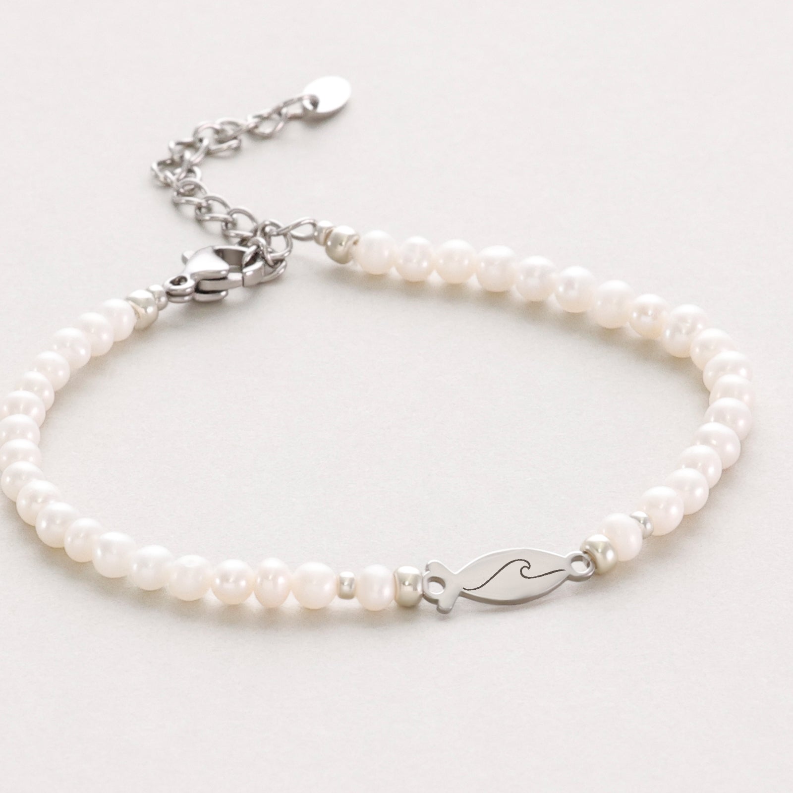 Süßwasserperlen Ichthys Armband - Geschenk zur Kommunion mit Karte