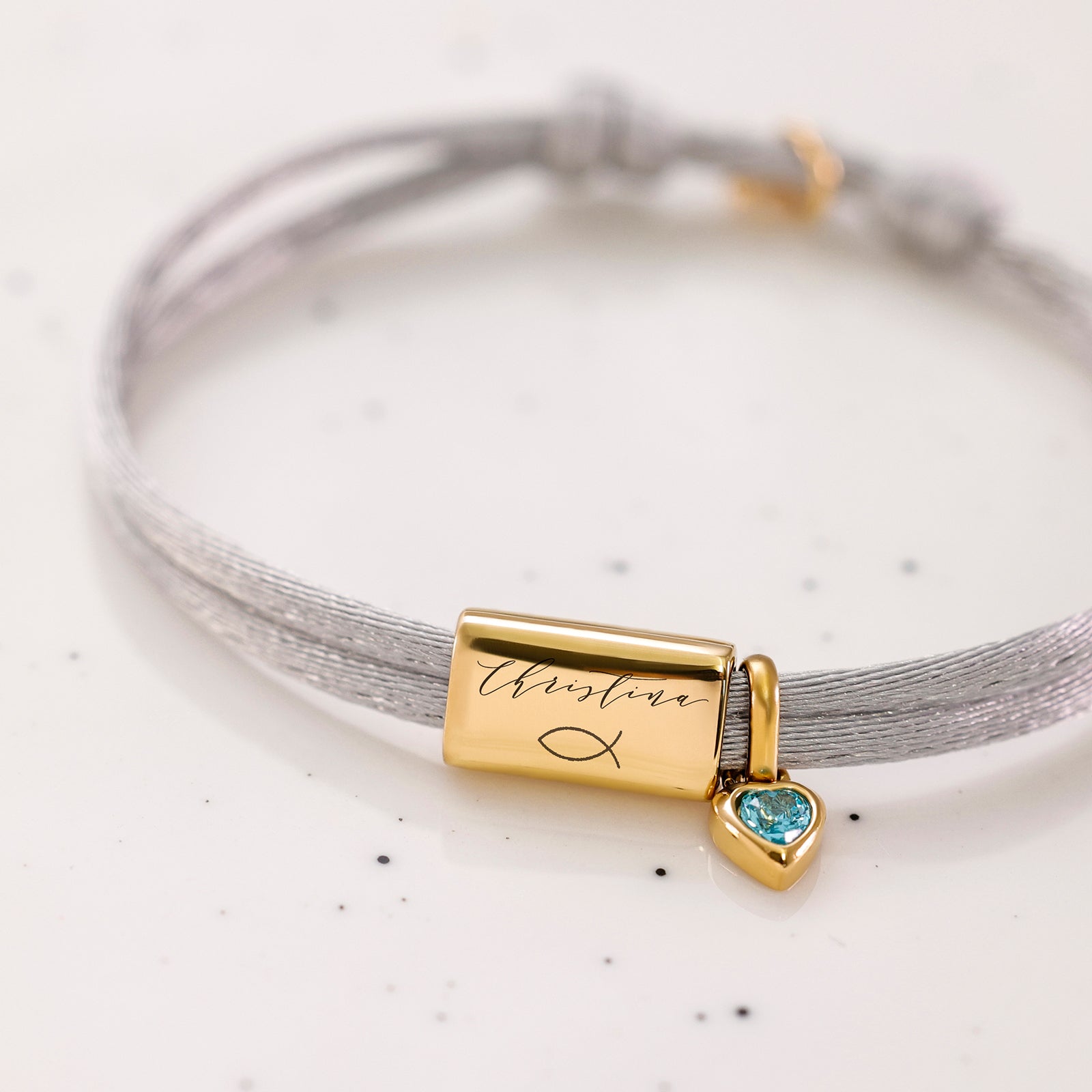 Personalized satin bracelet with engraving and heart birthstone - Christian gift with card