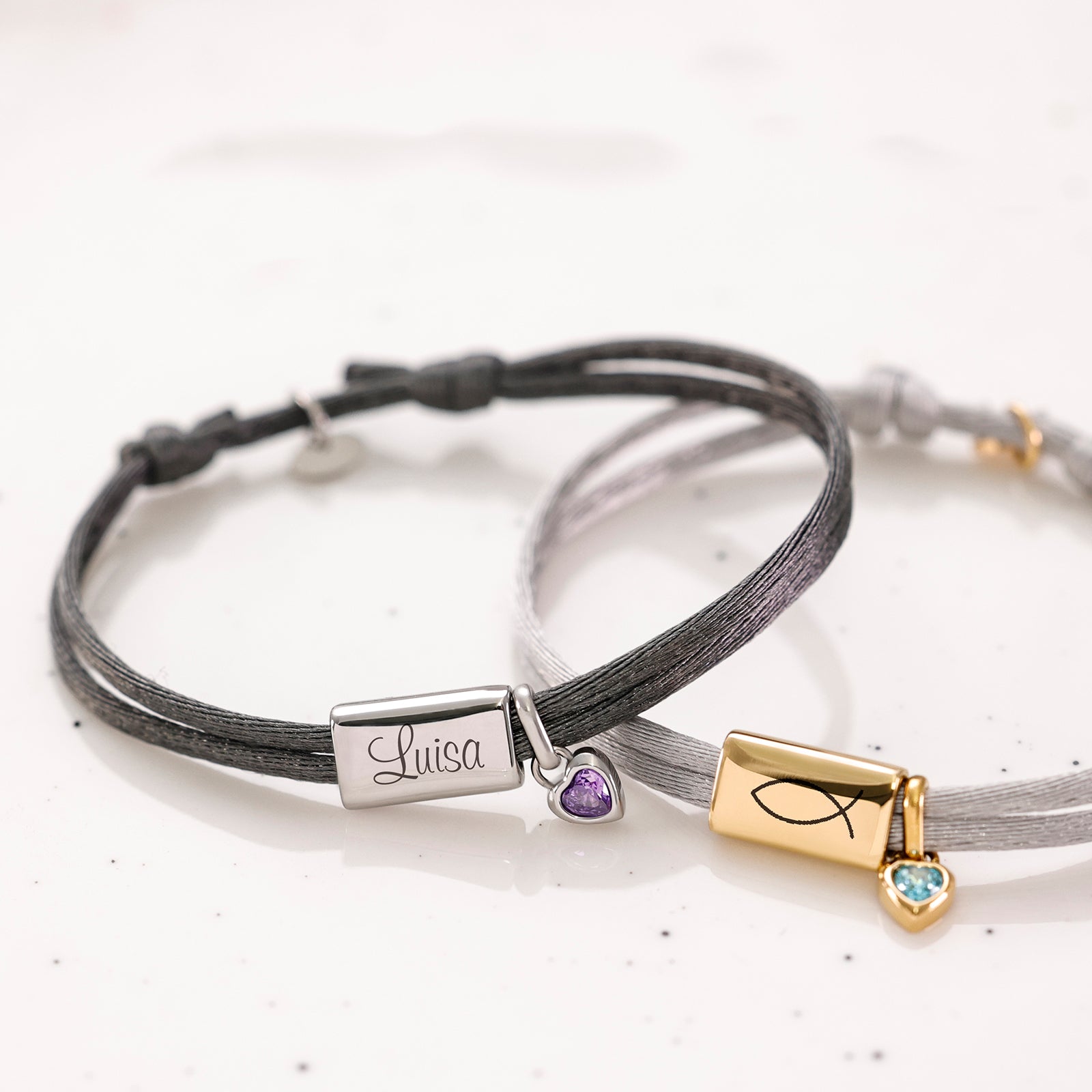 Personalized satin bracelet with engraving and heart birthstone - Christian gift with card