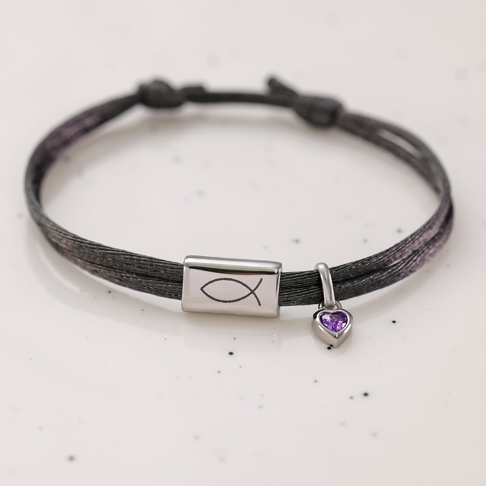Personalized satin bracelet with engraving and heart birthstone - Christian gift with card