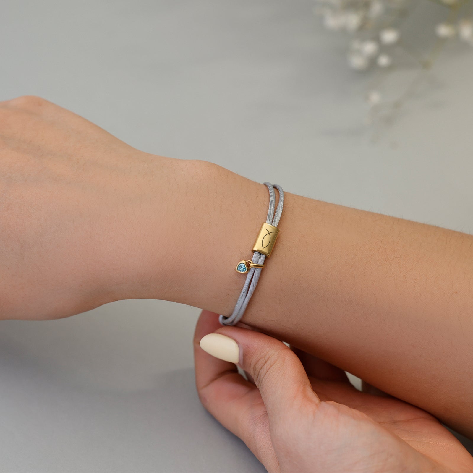 Personalized satin bracelet with engraving and heart birthstone - Christian gift with card