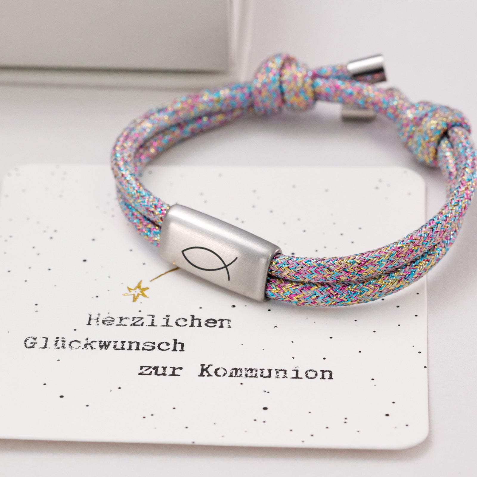 Glitzer Segeltau Armband - Geschenk zur Kommunion mit Karte