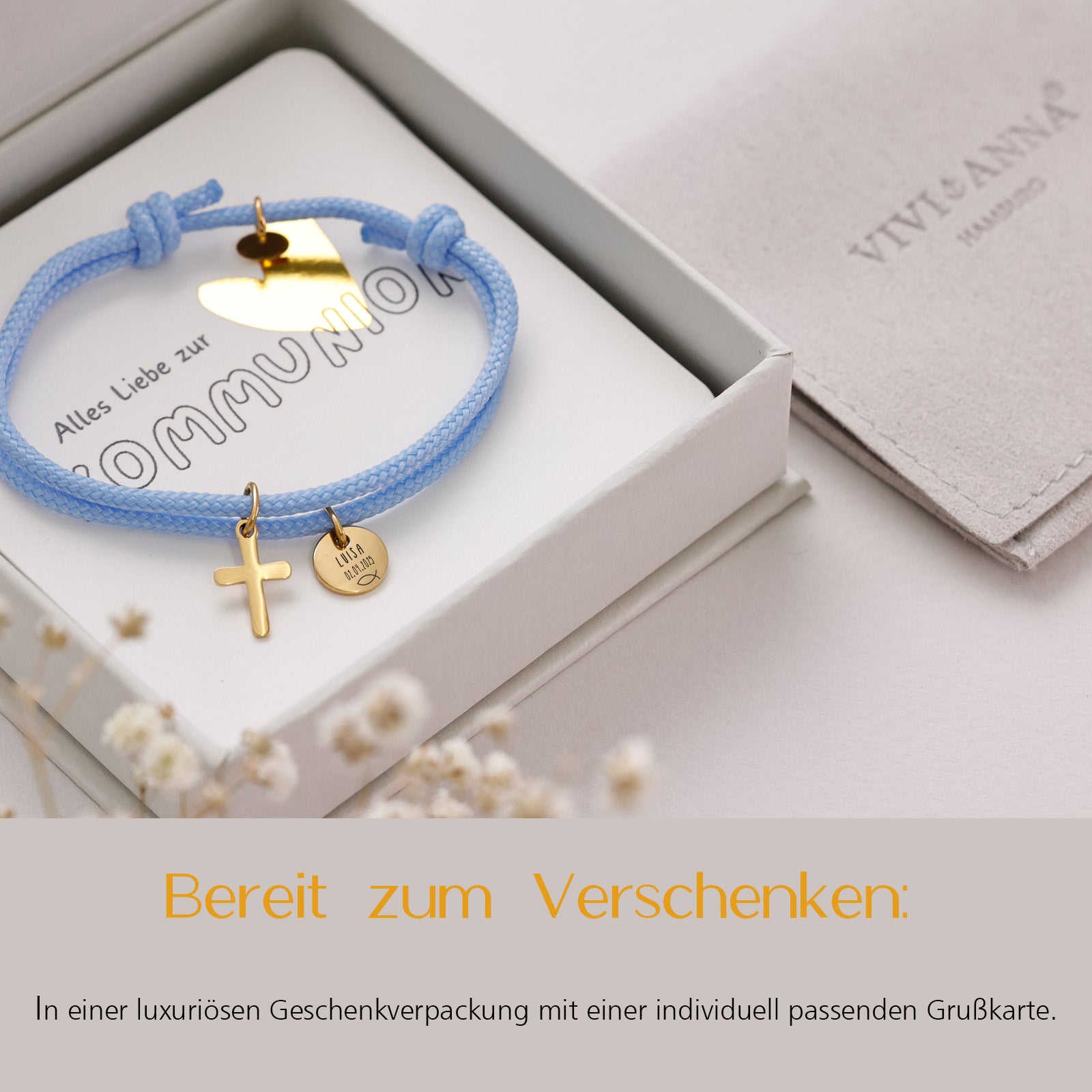 Armband mit Kreuzanhänger - Geschenk zur Kommunion mit Karte