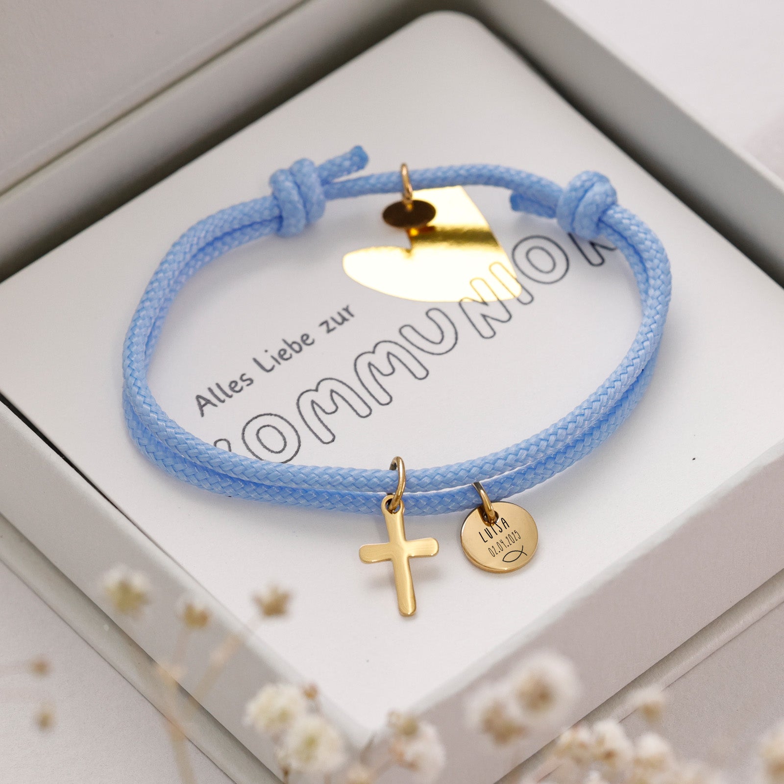 Armband mit Kreuzanhänger - Geschenk zur Kommunion mit Karte