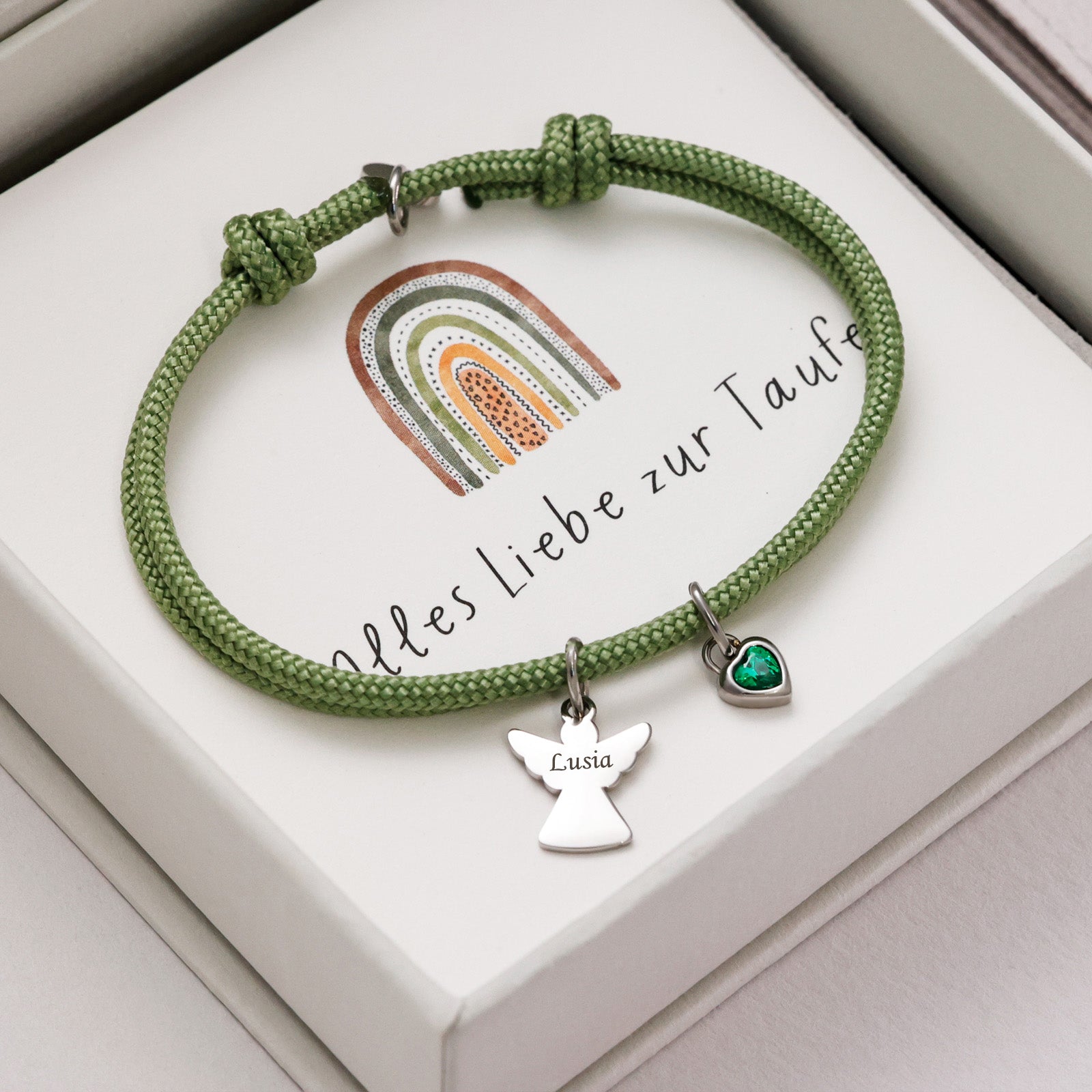 Schutzengel Armband mit Herz Geburtsstein - Geschenk zur Taufe mit Karte