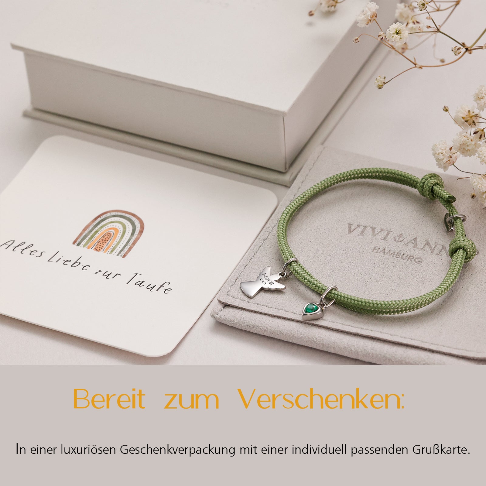 Schutzengel Armband mit Herz Geburtsstein in Grün in Geschenkbox mit Taufkarte
