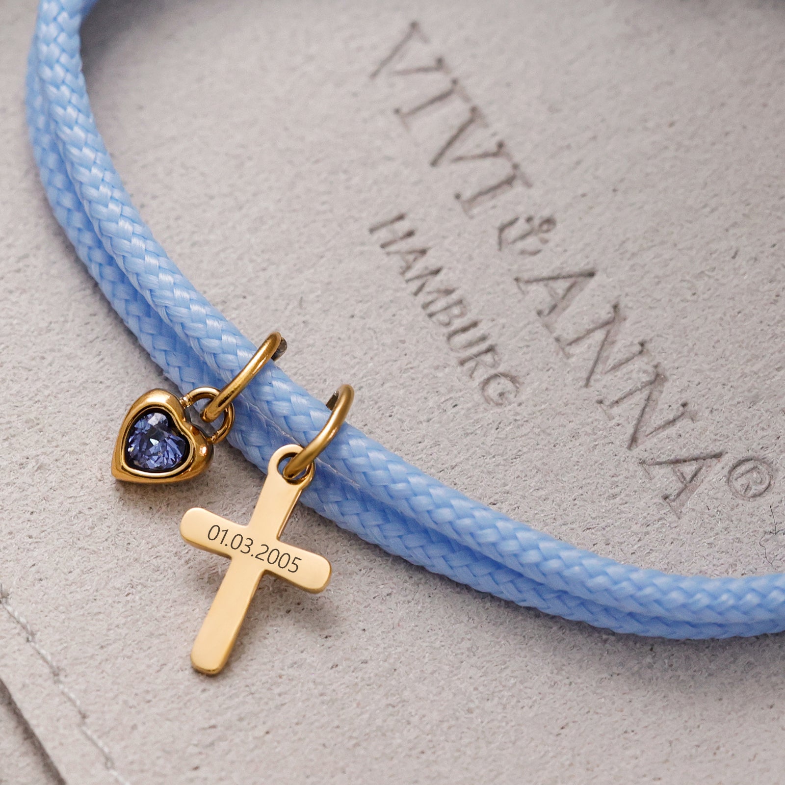 Mini Kreuz Paracord Armband mit Herz Geburtsstein - Geschenk zur Taufe mit Karte