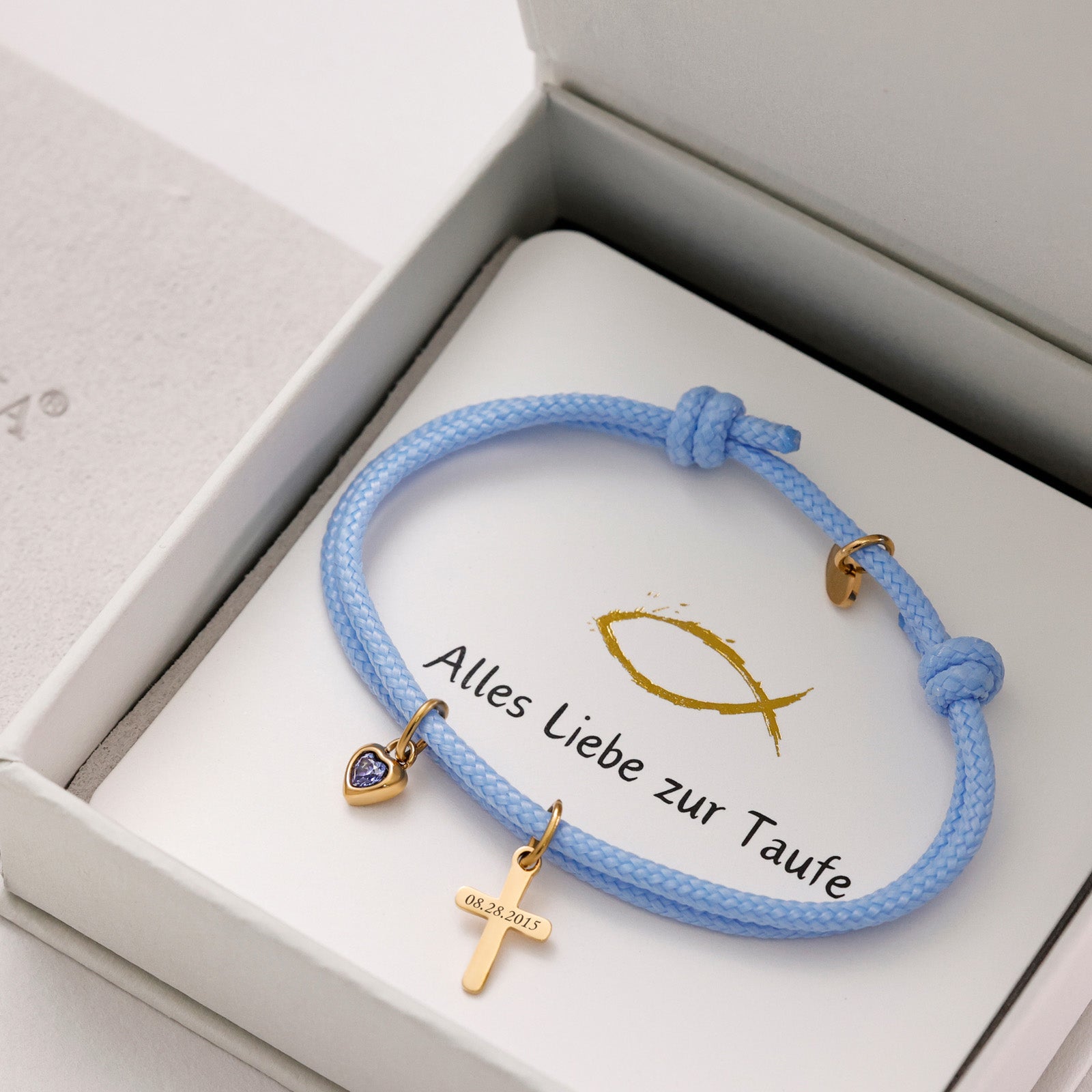 Mini Kreuz Paracord Armband mit Herz Geburtsstein - Geschenk zur Taufe mit Karte